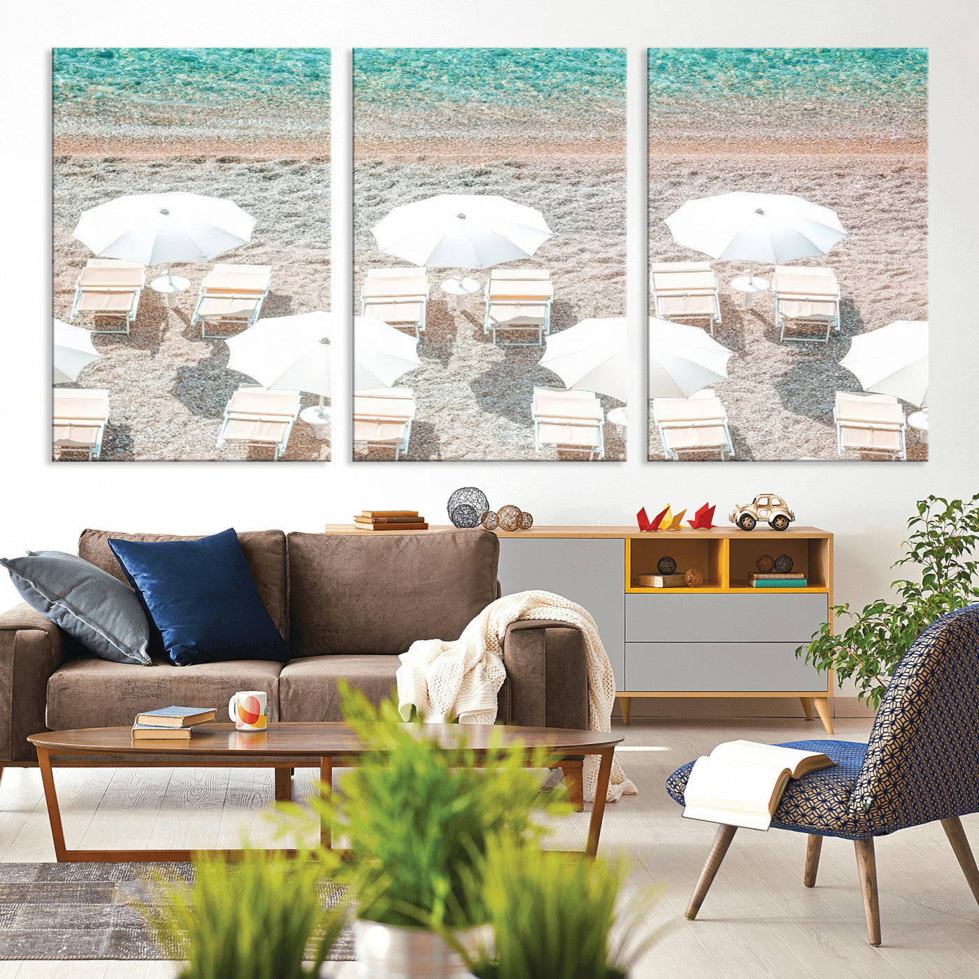 MGV-CV-60X30-3P - Calm Beach Wall Art Canvas Print, Framed Turquoise Water Art Picture Print, Umbrella Shoreline Perfect Coastal Minimalist Decor Artwork