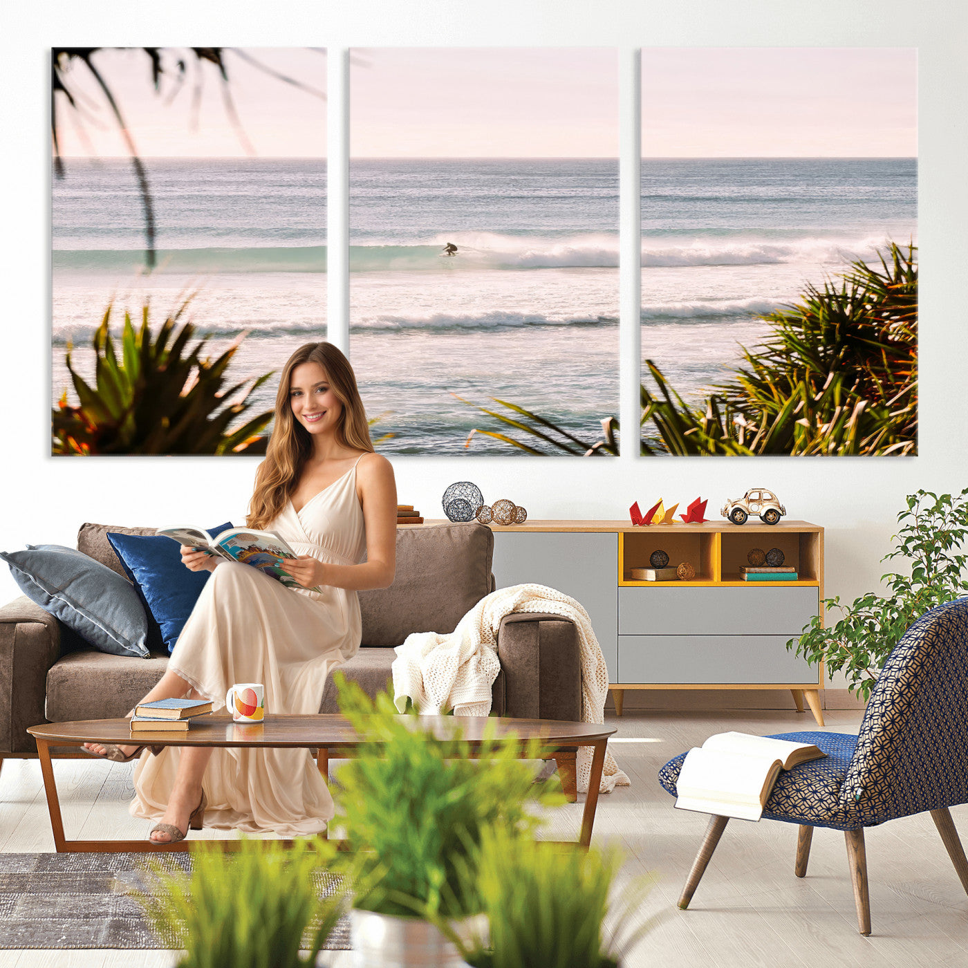 23287092-MGV-CV-36X24 - Ocean Surfer Wall Art Canvas Print | Framed Coastal Surf Art Picture Tropical Beach Artwork for Home Office