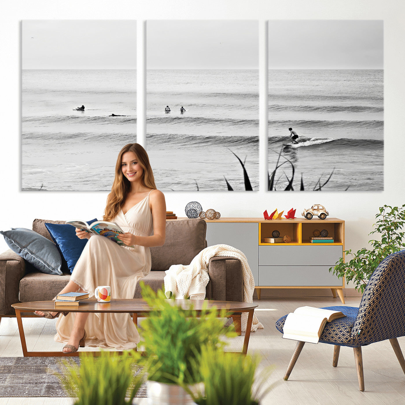 33821421-MGV-CV-36X24 - Surfer Silhouette Wall Art Canvas Print, Framed Calm Ocean Art Picture Print, Monochrome Surf Minimalist Coastal Decor Artwor