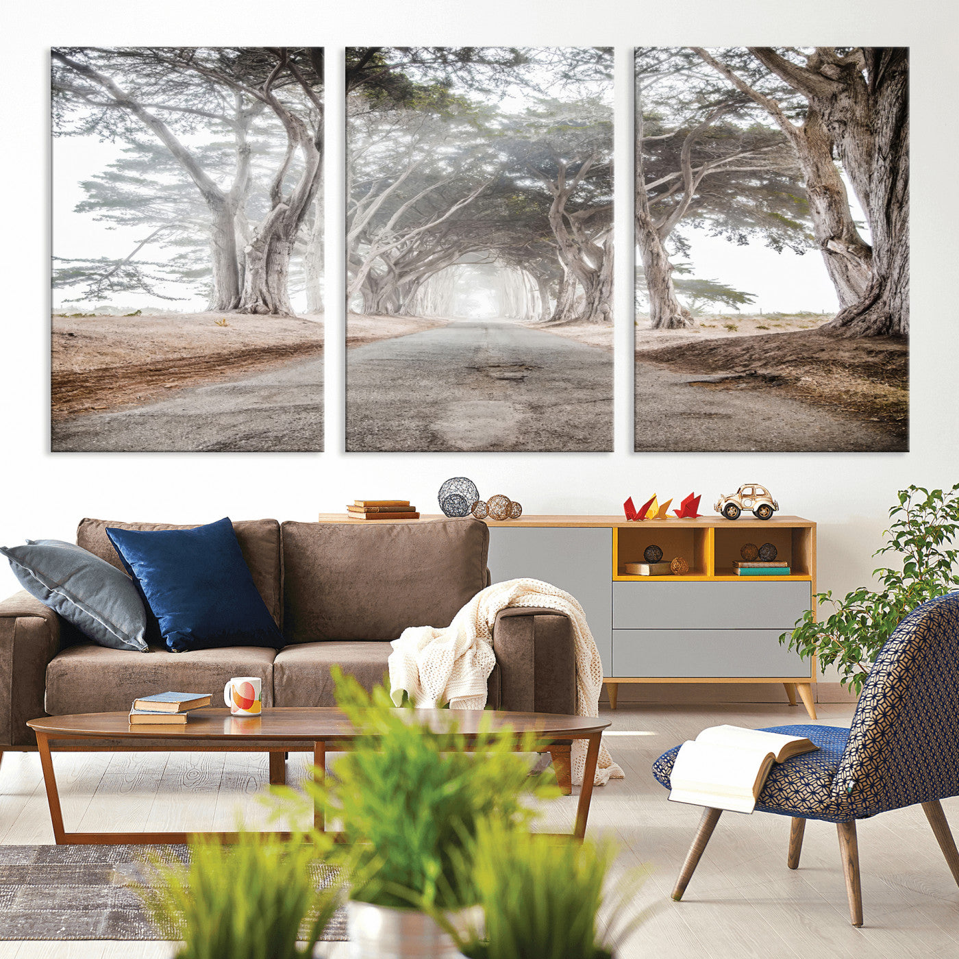 87090469-MGV-CV-36X24-Cypress Tunnel Wall Art – Framed Misty Road Canvas Artwork, Foggy Trees Design, Rustic Woodland Nature Decor for Home, Office