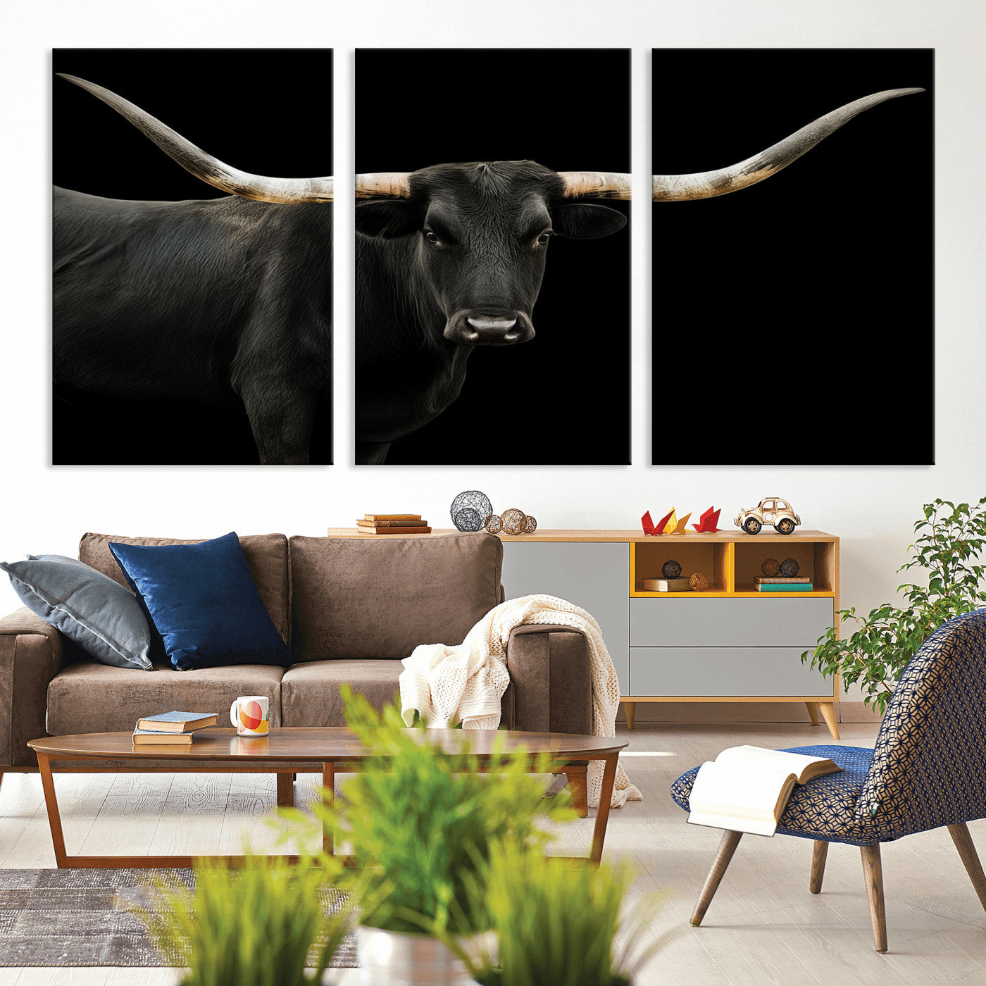99448328-MGV-CV-36X24-Longhorn Cattle Wall Art Canvas Print – Framed Texas Ranch Scene with Western Cow Artwork for Home, Office, Living Room