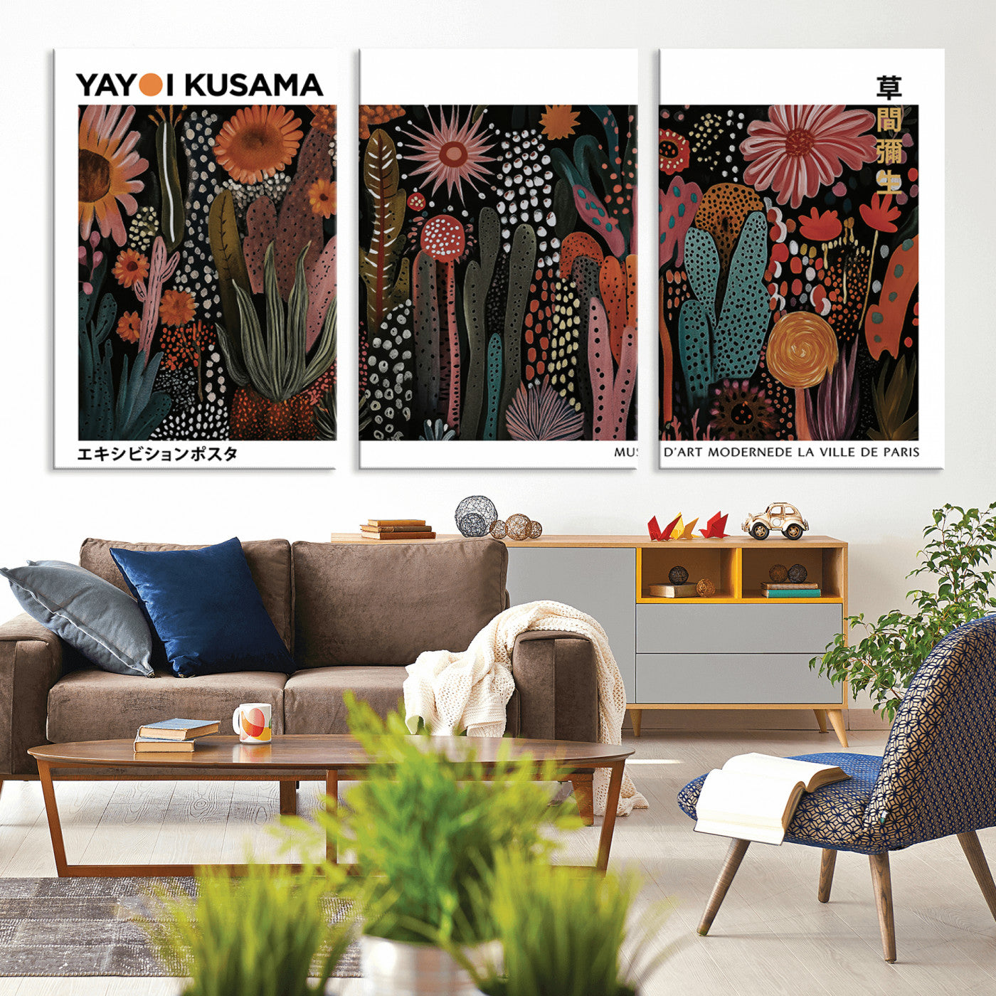 70632622-MGV-CV-36X24-Modern Japanese Wall Art Canvas Print – Framed Abstract Mount Fuji Scene with Yayoi Kusama Artwork for Home, Office