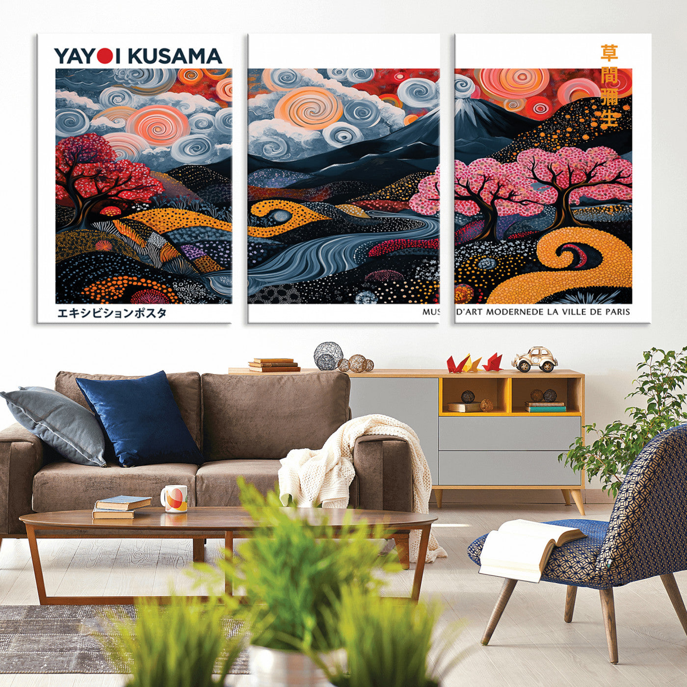 43879290-MGV-CV-36X24-Modern Japanese Wall Art Canvas Print – Framed Abstract Mount Fuji Scene with Yayoi Kusama Artwork for Home, Office