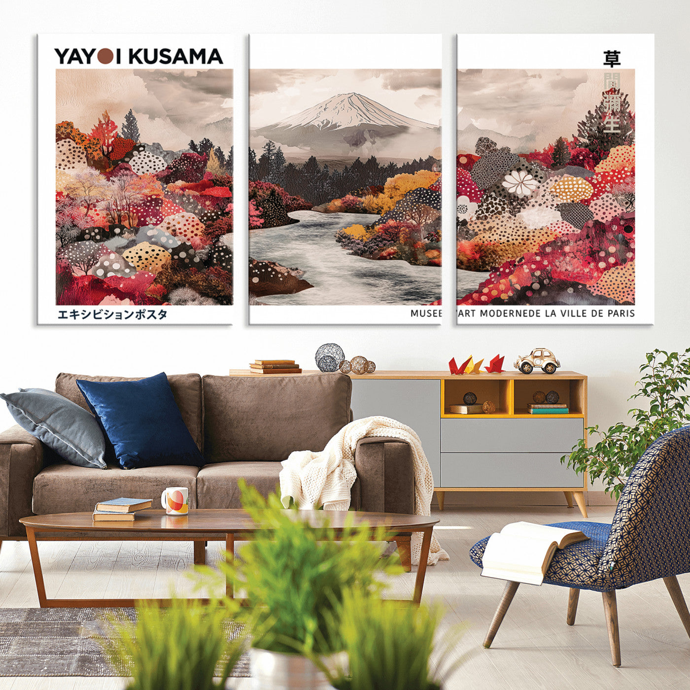 32352074-MGV-CV-36X24-Modern Japanese Wall Art Canvas Print – Framed Abstract Mount Fuji Scene with Yayoi Kusama Artwork for Home, Office