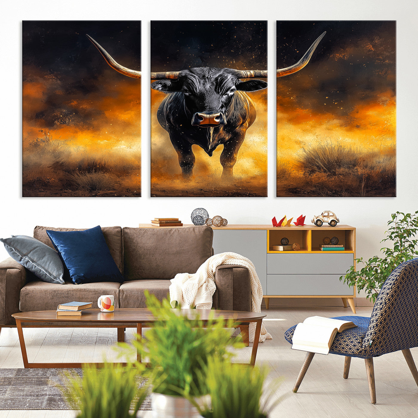 -Longhorn Canvas Wall Art Canvas Print, Framed Bold Bull Wall Art Art Picture Print, Western Animal Decor Perfect Western Dramatic Decor Artwork