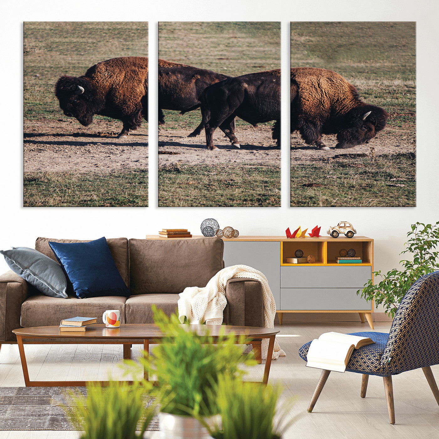 58141885-MGV-CV-36X24-Bison Wall Art Canvas Print – Framed Western Wildlife Modern Ranch Rustic Nature Scene Artwork for Home Office