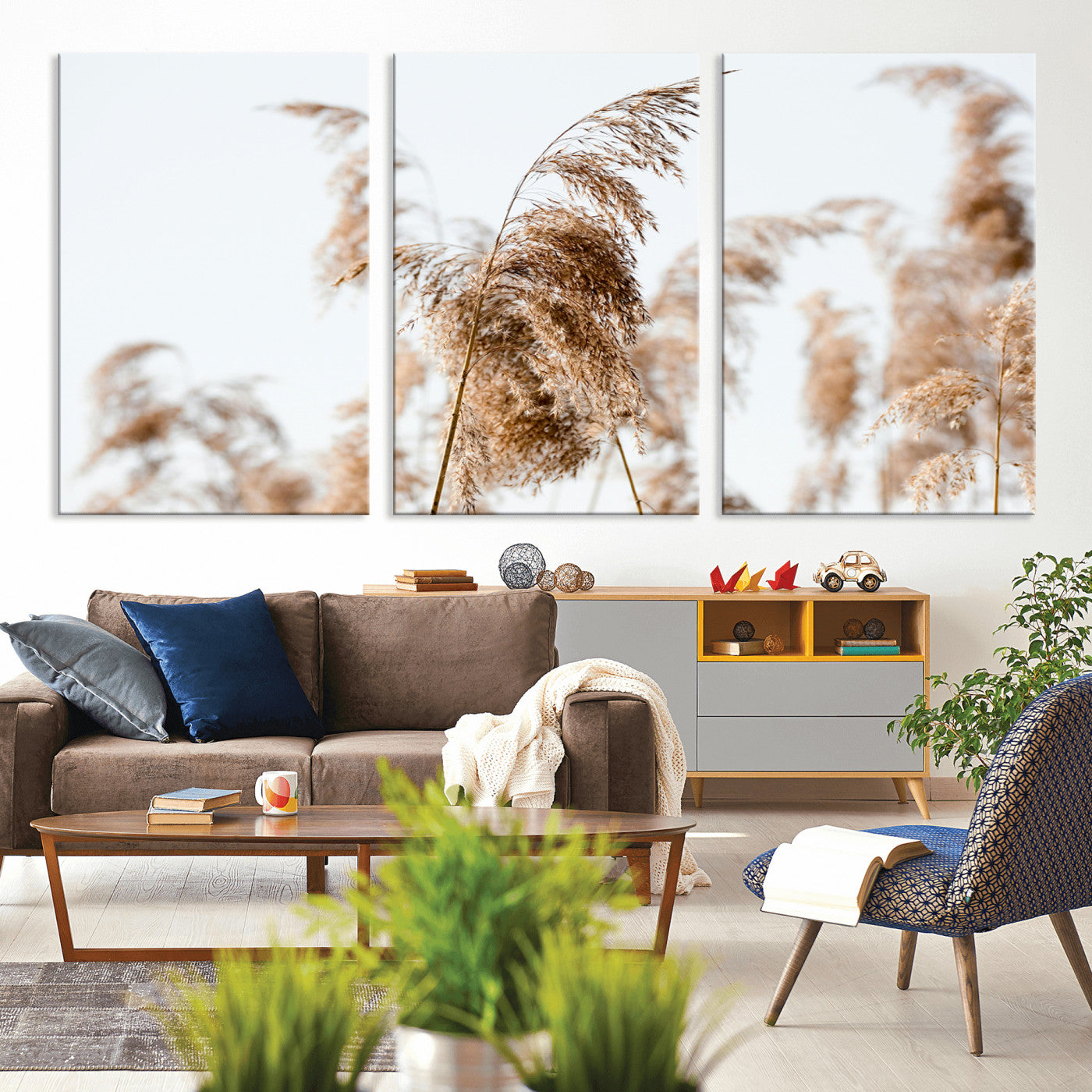 -Pampas Grass Wall Art Canvas Print – Framed Neutral Tones Minimalist Nature Boho Scene Artwork for Home Office