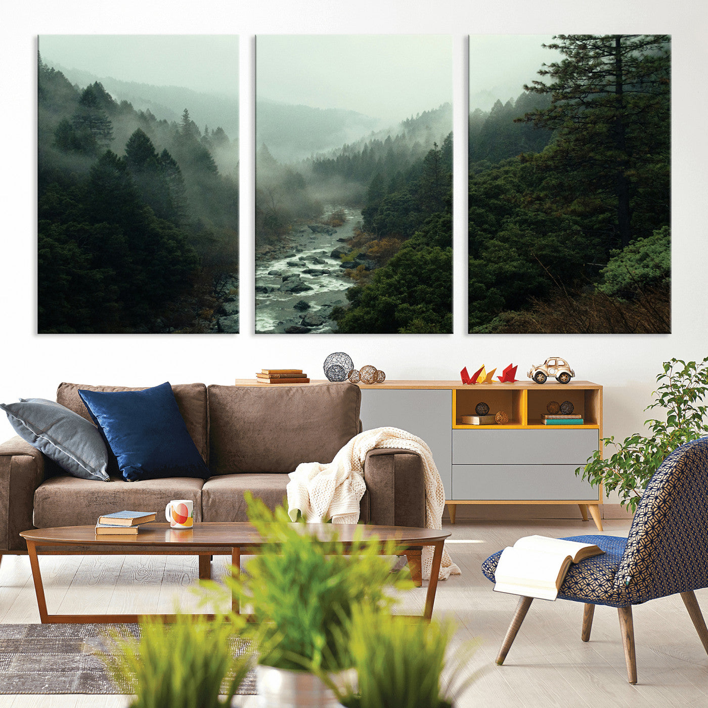 48497565-MGV-CV-36X24-Misty Forest Wall Art Canvas Print – Framed Foggy River Moody Landscape Wilderness Nature Scene Artwork for Home Office