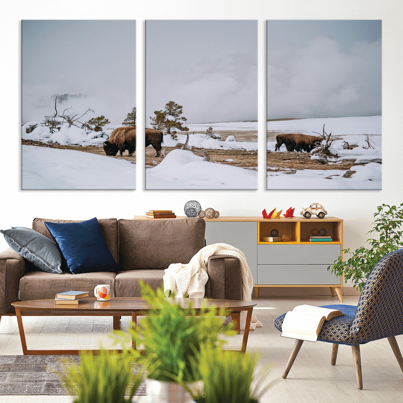 -Bison Wildlife Wall Art Canvas Print – Framed Snowy Prairie Western Rustic Nature Scene Artwork for Home Office