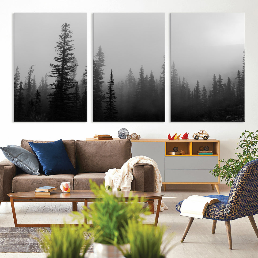 Misty Pines Wall Art Canvas Print, Framed Woodland Minimalist Black and White