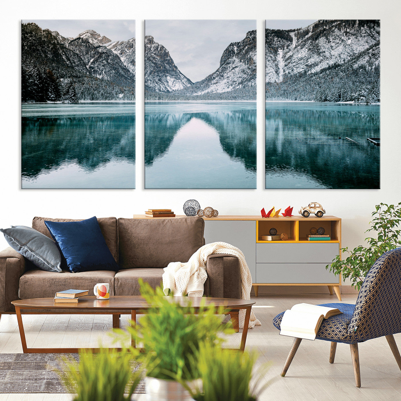73098373-MGV-CV-36X24-Mountain Lake Wall Art Canvas Print – Framed Snowy Peaks Wonderland Nature Scene Artwork for Home Office