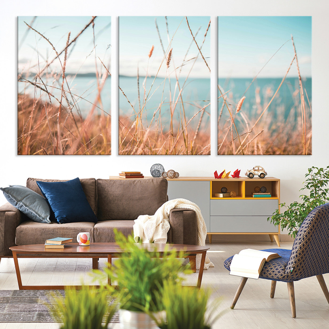 36108696-MGV-CV-36X24-Coastal Grass Landscape Wall Art Canvas Print – Golden Shoreline Nature Scene Serene Ocean View Artwork for Home Office