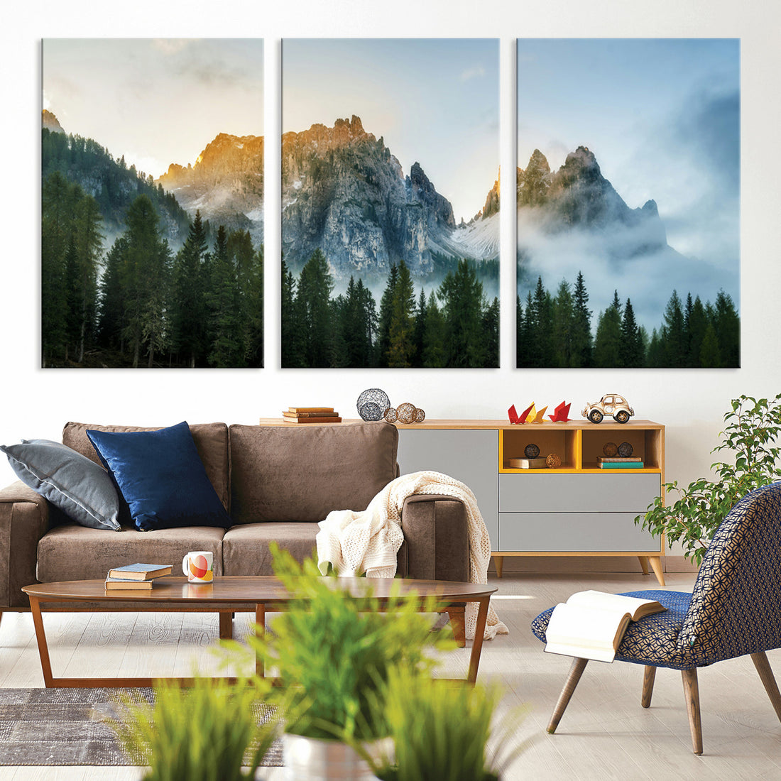 Wilderness Mountain Wall Art Canvas Print, Framed Misty Forest Photography, Nature Landscape Rustic Decor