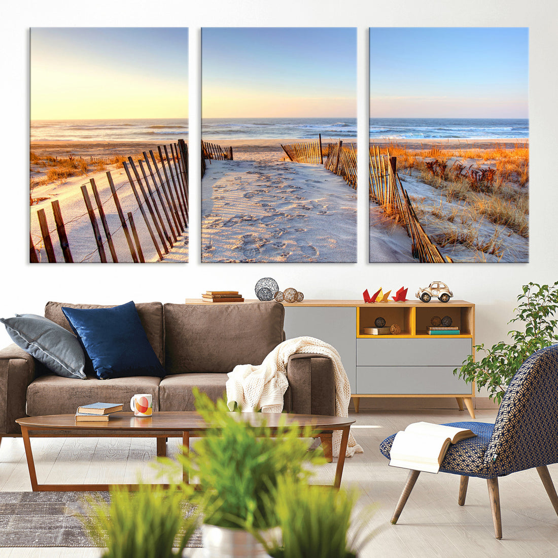 Ocean Sunset Wall Art Canvas Print, Framed Nautical Beach Photography, Summer Beach House Coastal Decor