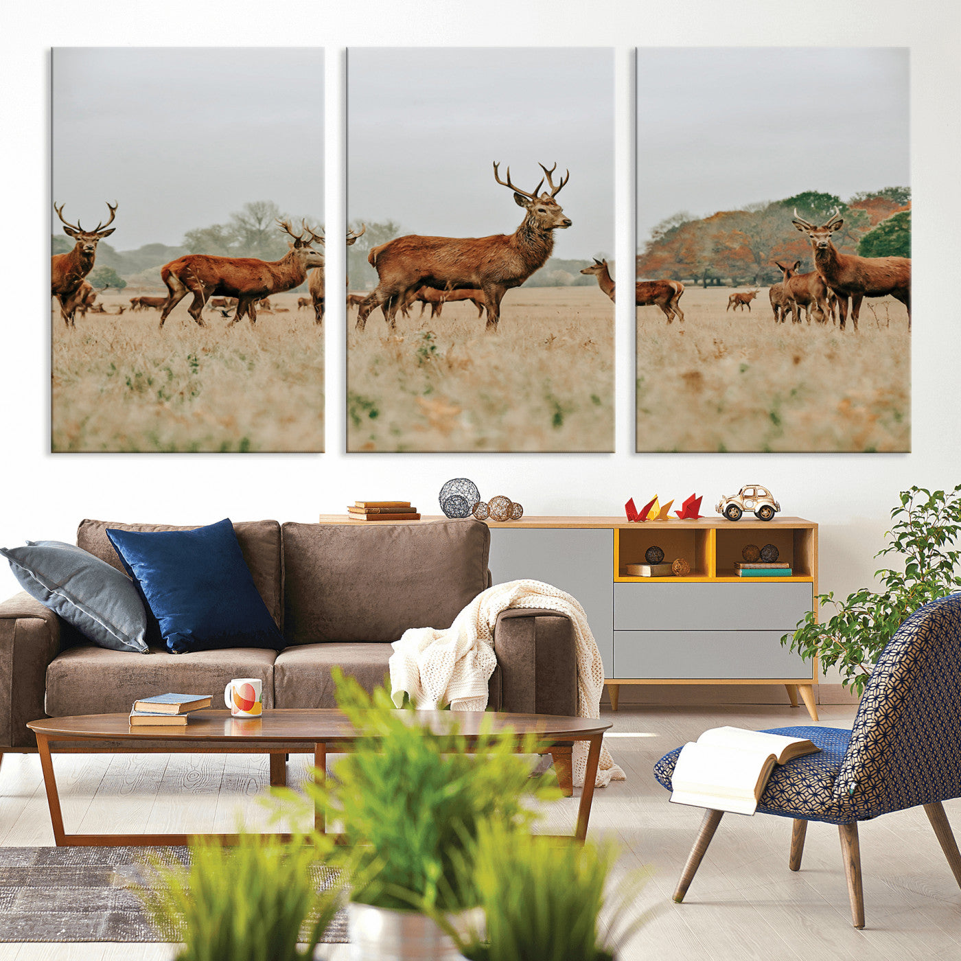 53834371-MGV-CV-60X30-3P-Rustic Deer Wall Art Canvas Print – Autumn Forest Woodland Wildlife Scenic Nature Artwork for Home, Cabin
