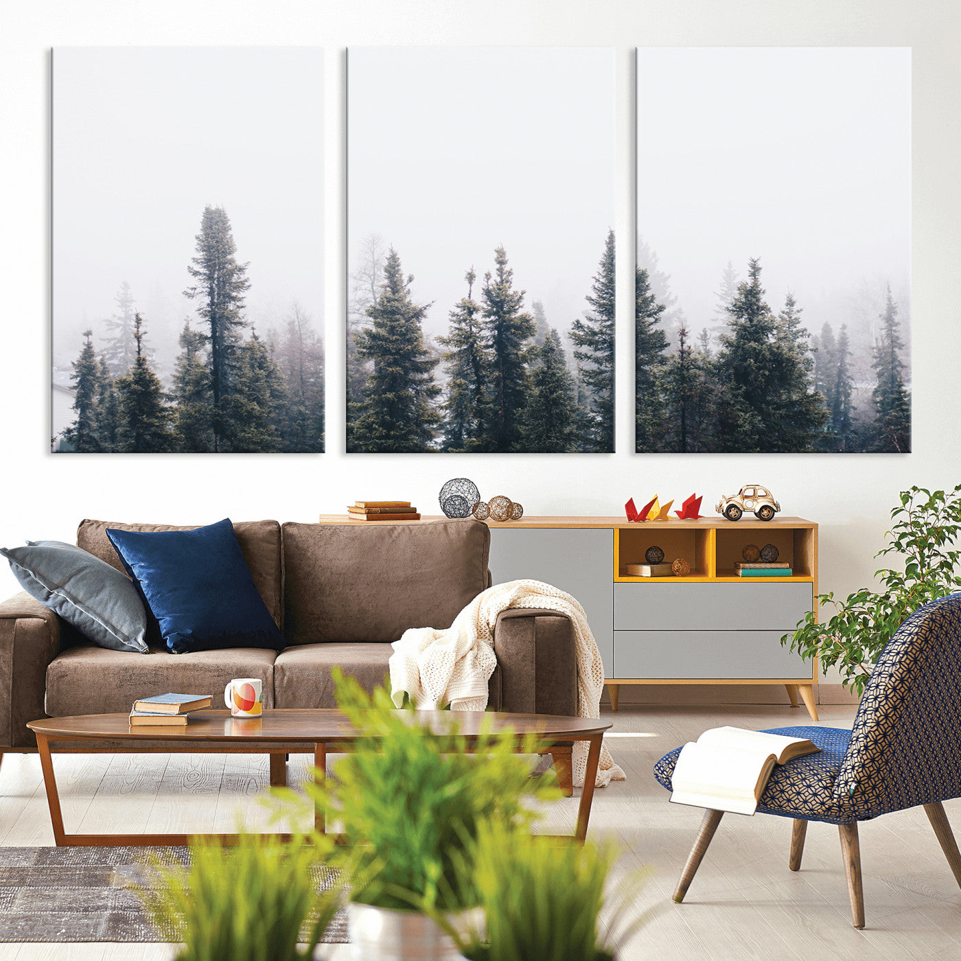 -Foggy Forest Wall Art Canvas Print – Framed Misty Pines Moody Woodland Nature Scene Artwork for Home Office