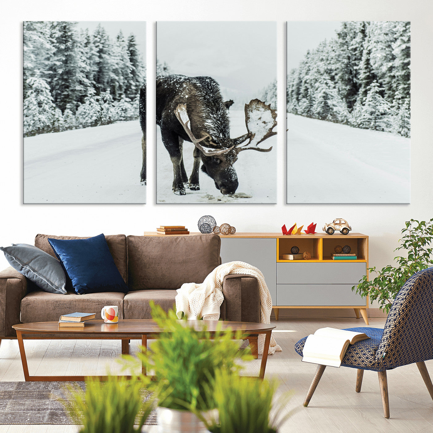 -Moose Snow Wall Art Canvas Print – Framed Winter Wildlife Snowy Forest Nature Scene Artwork for Home, Office, Living Room