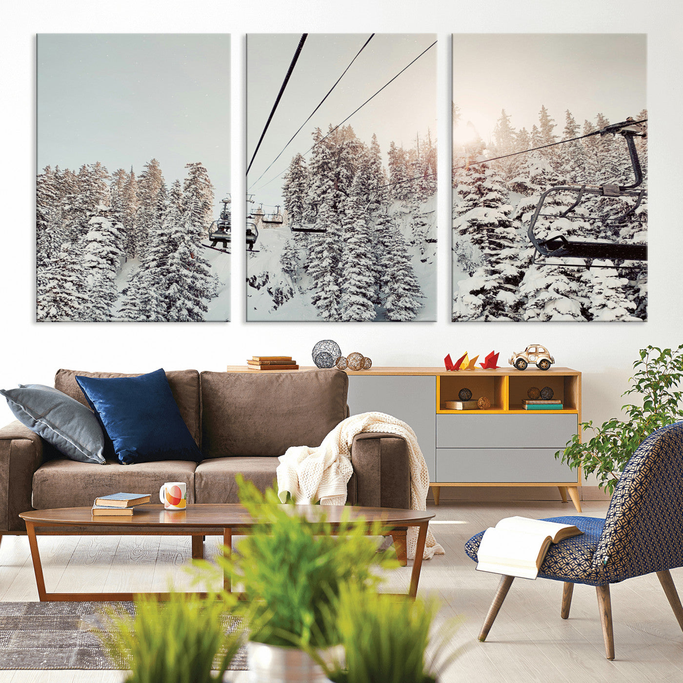 91534512-MGV-CV-60X30-3P-Frosty Pines Wall Art Canvas Print – Framed Cozy Cabin Ski Lift Ride Winter Scene Artwork for Home Office