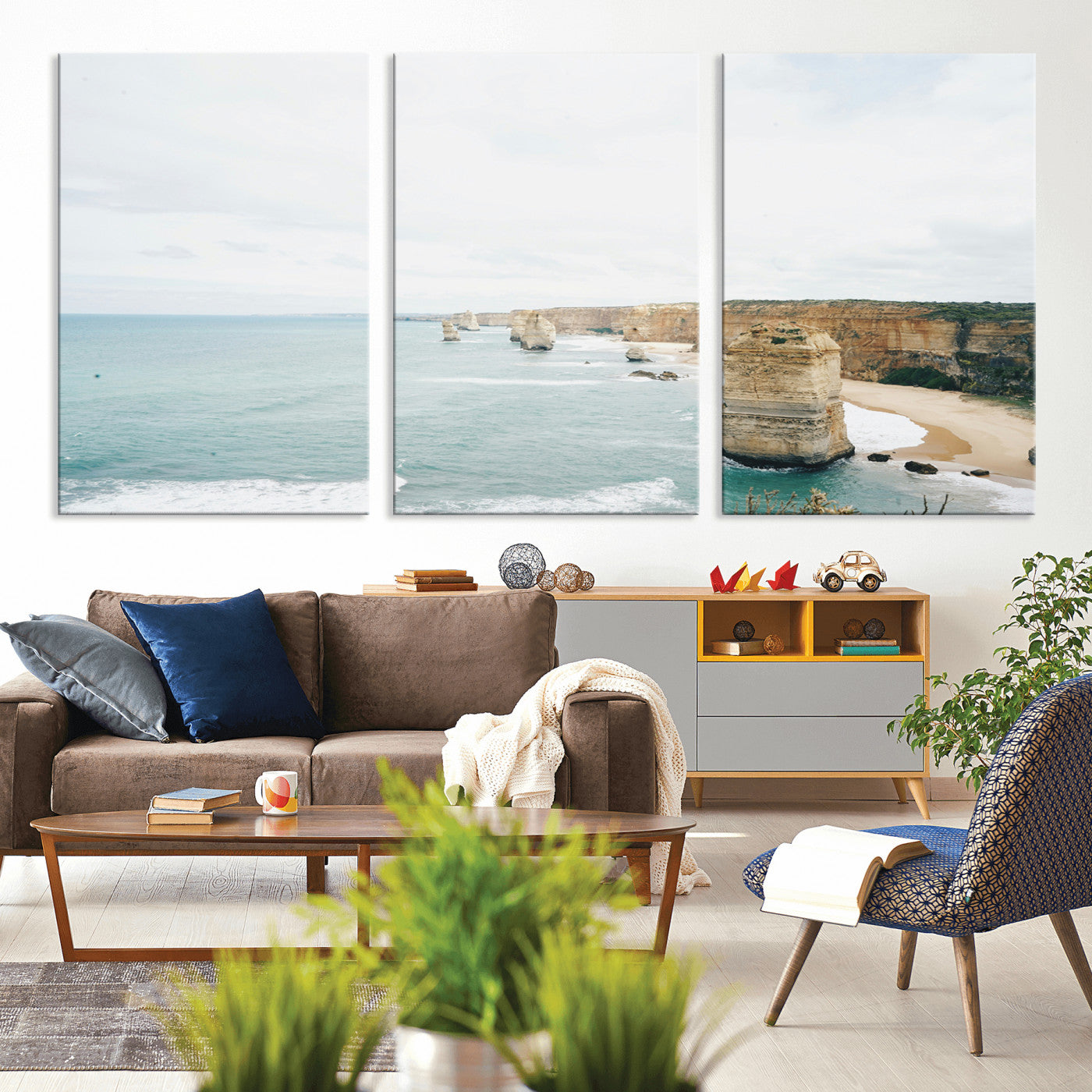 70095633-MGV-CV-60X30-3P-Twelve Apostles Wall Art Canvas Print – Framed Coastal Cliffs Rugged Rock Formations Artwork for Home Office