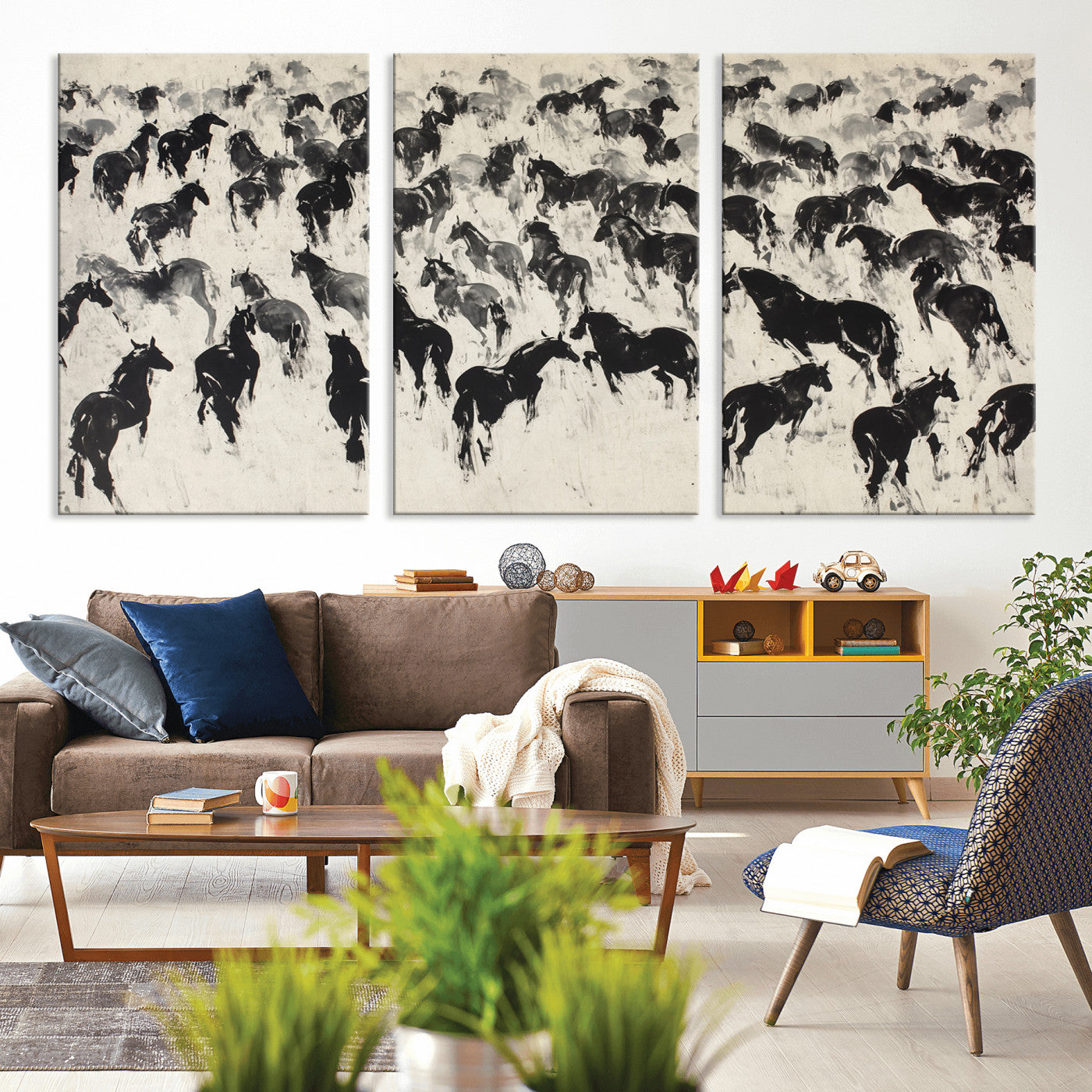 -Wild Horse Stampede Wall Art Canvas Print – Monochrome Running Horses Dynamic Motion Elegant Scene Artwork for Home, Office