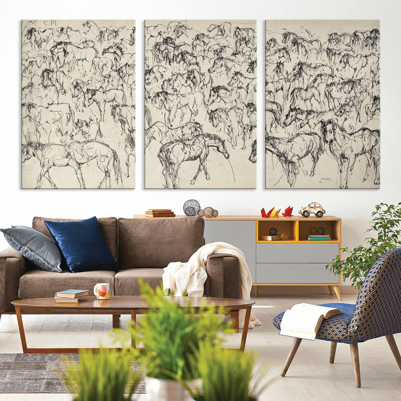 86653927-MGV-CV-36X24-Wild Horse Stampede Wall Art Canvas Print – Monochrome Running Horses Dynamic Motion Elegant Artwork for Home, Office
