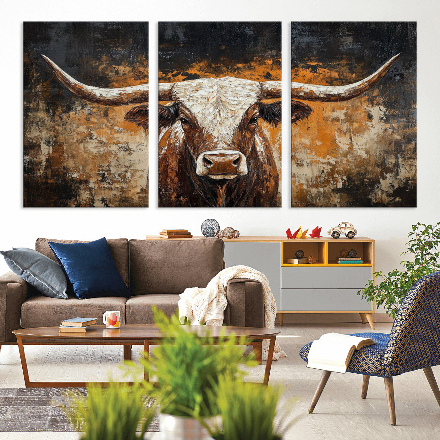 25265572-MGV-CV-36X24-Rustic Longhorn Bull Wall Art Canvas Print – Vintage Western Cattle Scene, Texas Steer Artwork for Home, Office