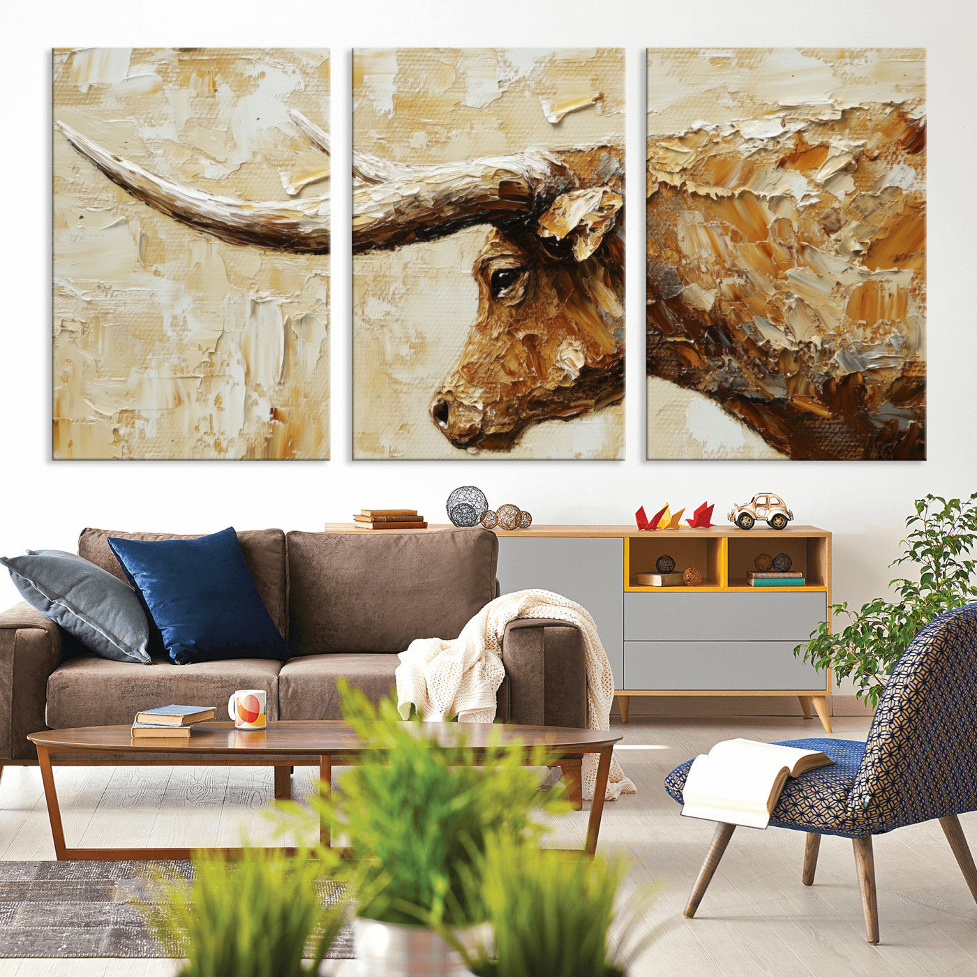 69611428-MGV-CV-36X24 - Rustic Longhorn Bull Wall Art Canvas Print – Vintage Western Cattle Painting, Texas Abstract Wall Cow Prints