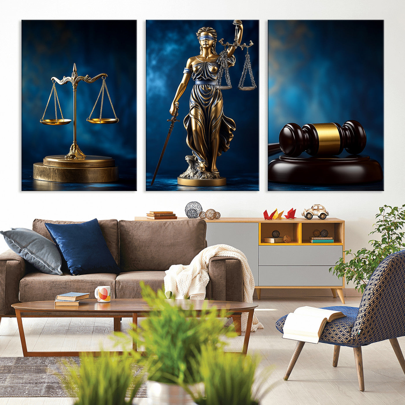33888279-MGV-FP-36X24-3P_Walnut-Lady Justice Wall Art Canvas Print – Elegant Gold Legal Symbols Blue Background, Perfect for Law