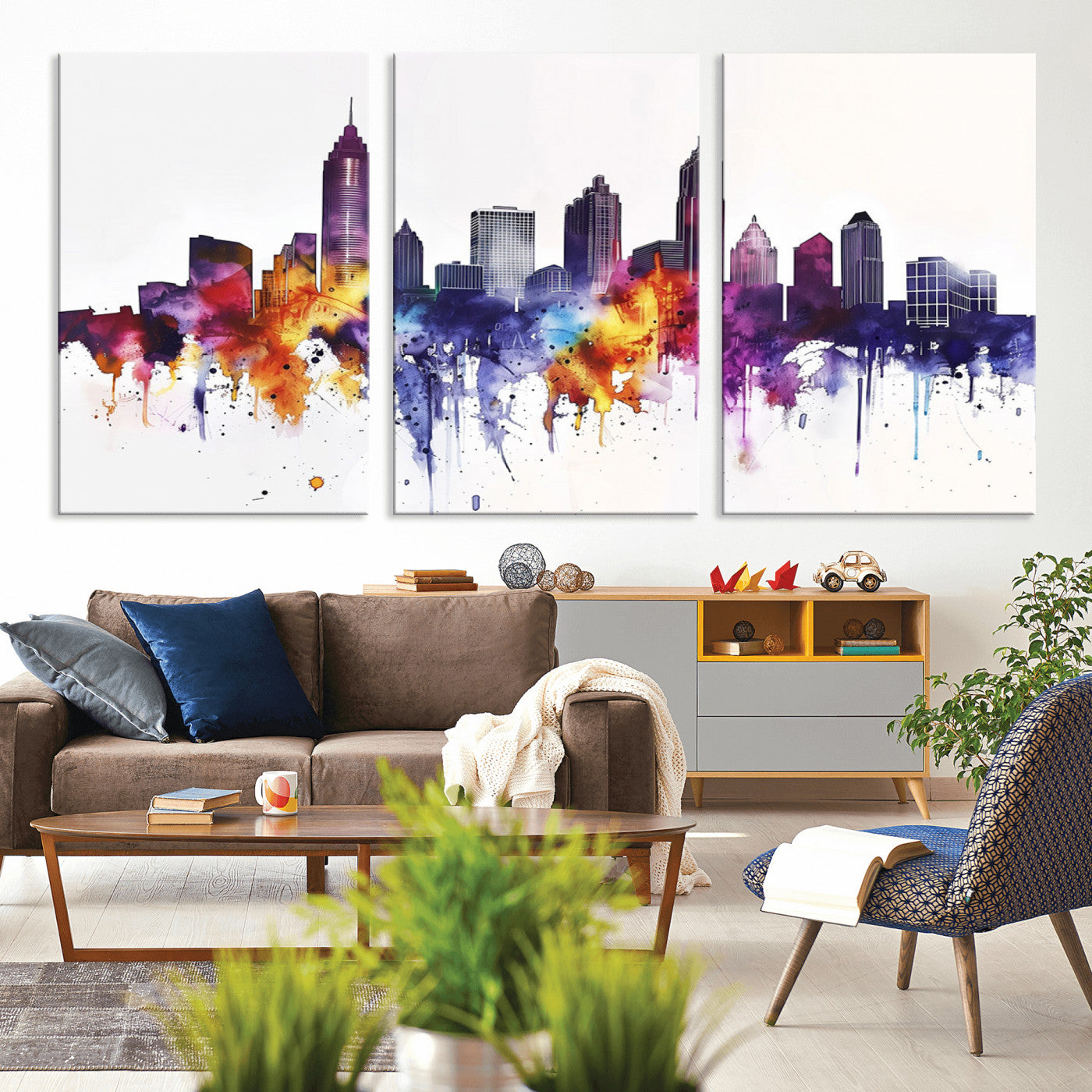 34479880-MGV-CV-36X24-Atlanta Skyline Wall Art Canvas Print – Framed Colorful Watercolor Cityscape Artwork for Home, Office, Living Room
