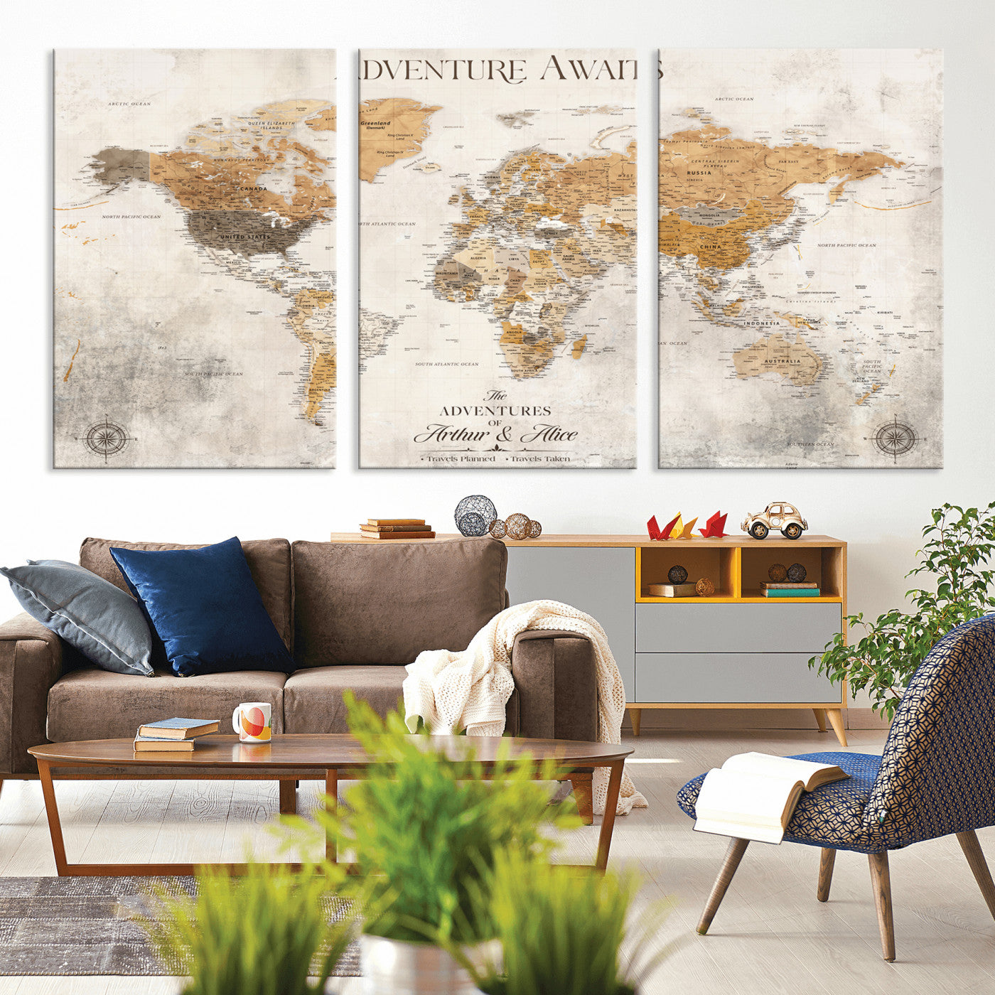 Rehber01-MGV-CV-36X24-Personalized World Map Canvas Print – Custom Push Pin Travel Map Vintage Neutral Style Gift for Couples Travelers for Home Office