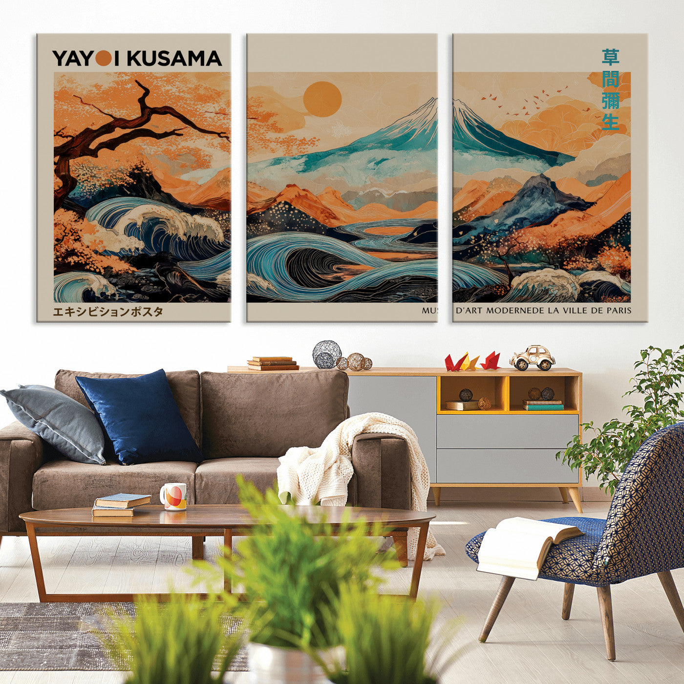 94085549-MGV-CV-36X24 - Yayoi Kusama Japanese Landscape Wall Art Canvas Print – Modern Abstract Mount Fuji Wall Art - Japanese Waves & Autumn Trees Print