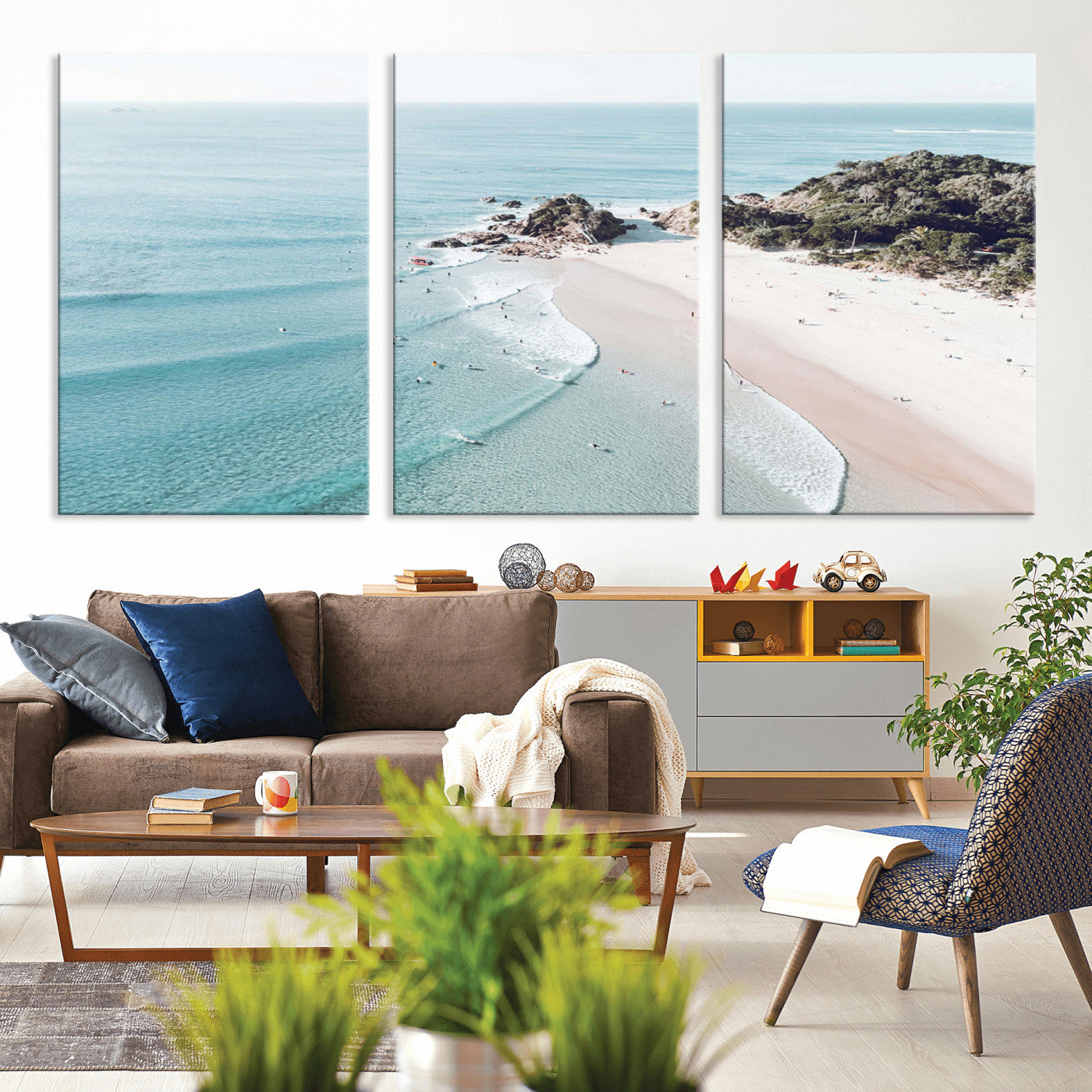 79395467-MGV-CV-36X24 - Aerial Beach Wall Art Canvas Print, Coastal Ocean Waves and Surfers Scenic Seaside Artwork for Home, Office Decor