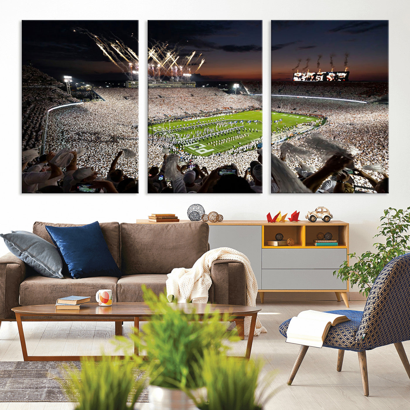 11221988-MGV-CV-60X30-3P - Epic Night Football Stadium Wall Art Canvas Print, Fireworks and Crowd Energy Game Day Excitement Decor for Home, Office