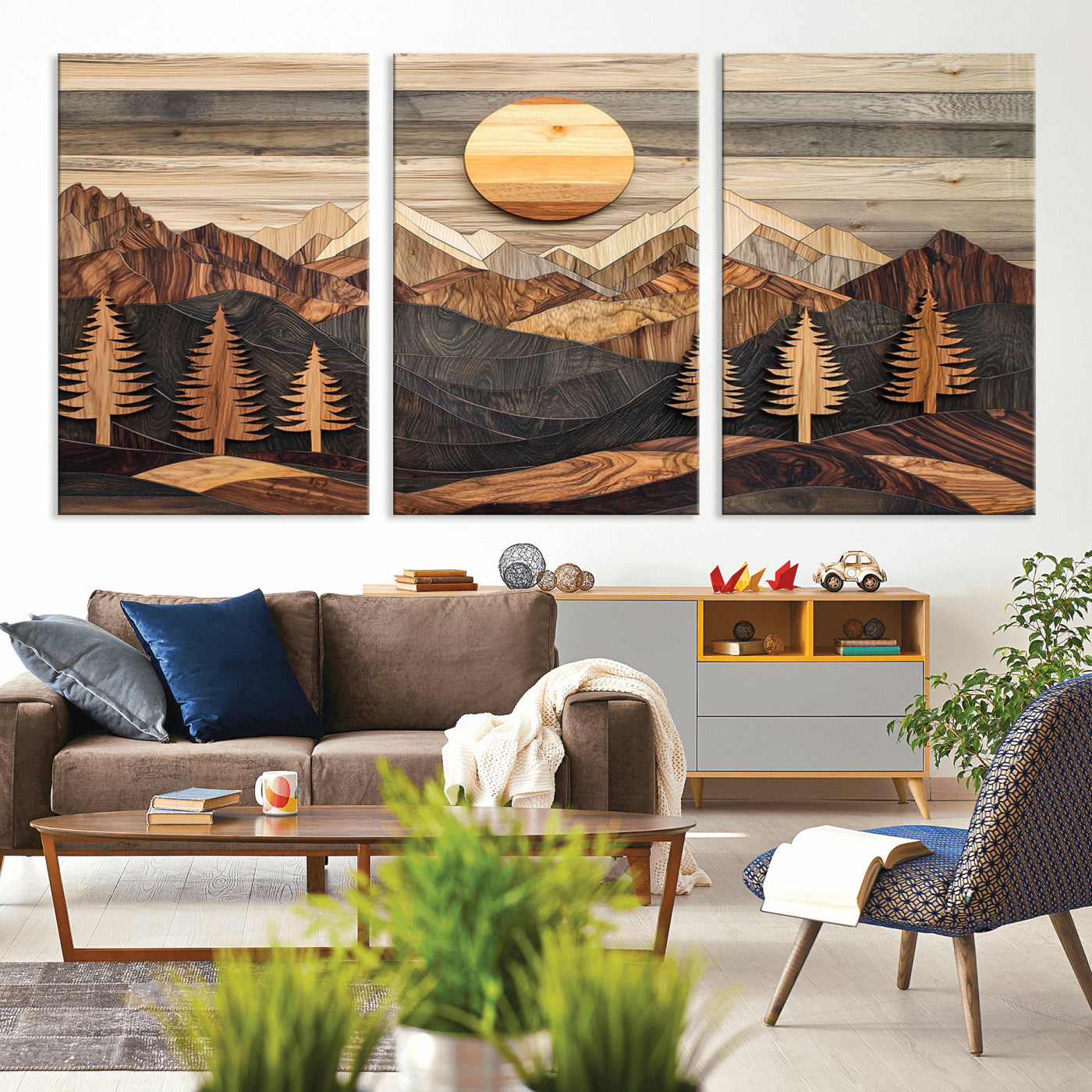 19832326-MGV-CV-60X30-3P - Wooden Mountain Landscape Layered Texture Geometric Shapes Sun Pine Trees Rustic Natural Tones Art