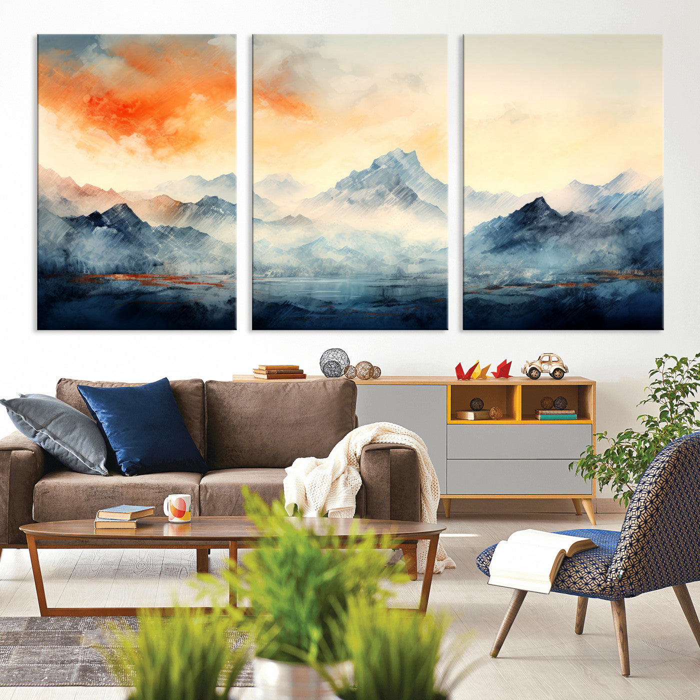 WRM1005-MGV-CV-60X30-3P - Warm Clouds Abstract Mountain Wall Art, Modern Landscape Canvas Print, Minimal Framed Artwork for Home, Office