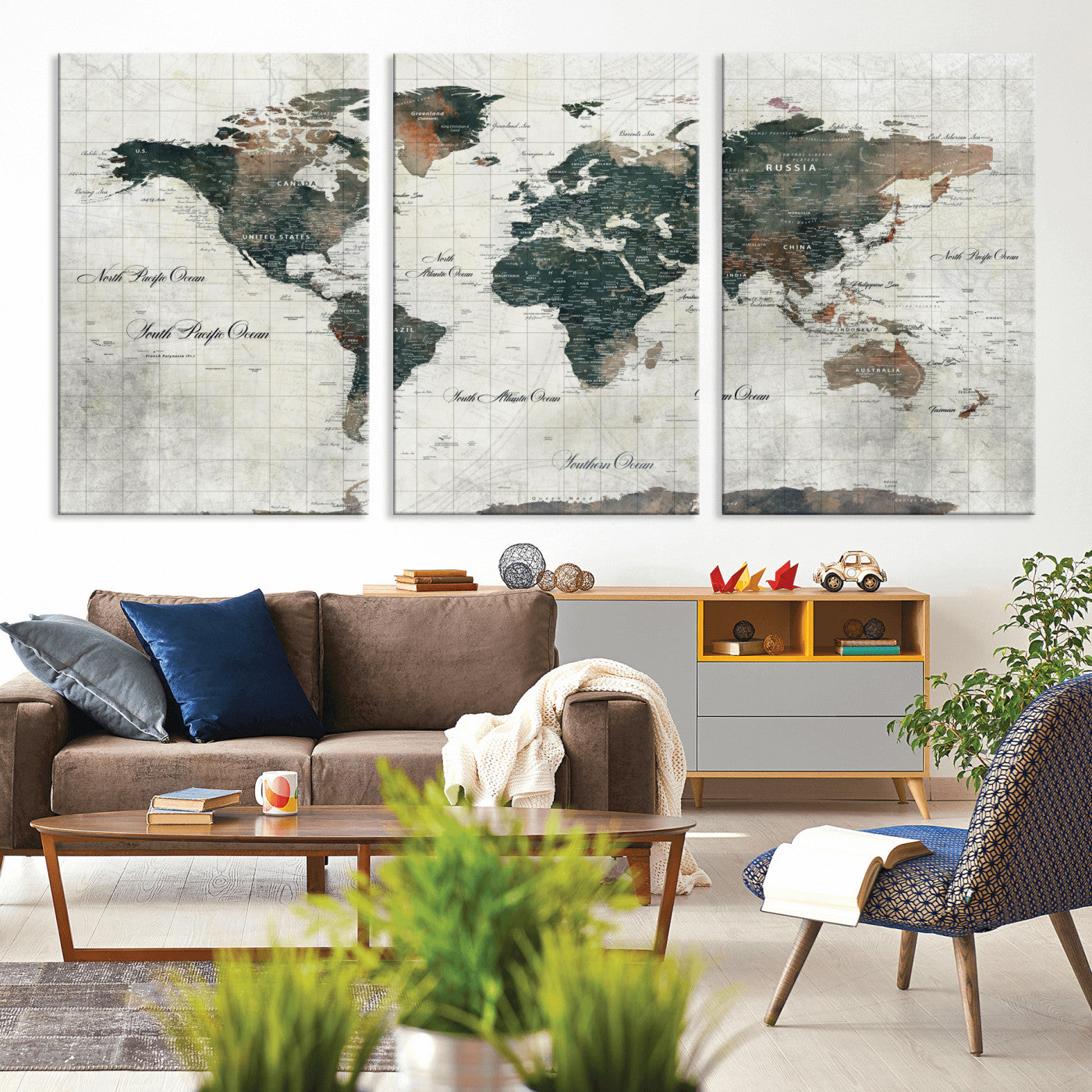 90149079-MGV-CV-60X30-3P - World Map Wall Art Canvas Print, Modern Decorative Framed Map Artwork Prints for Living Room, Office, Bedroom Wall Decor