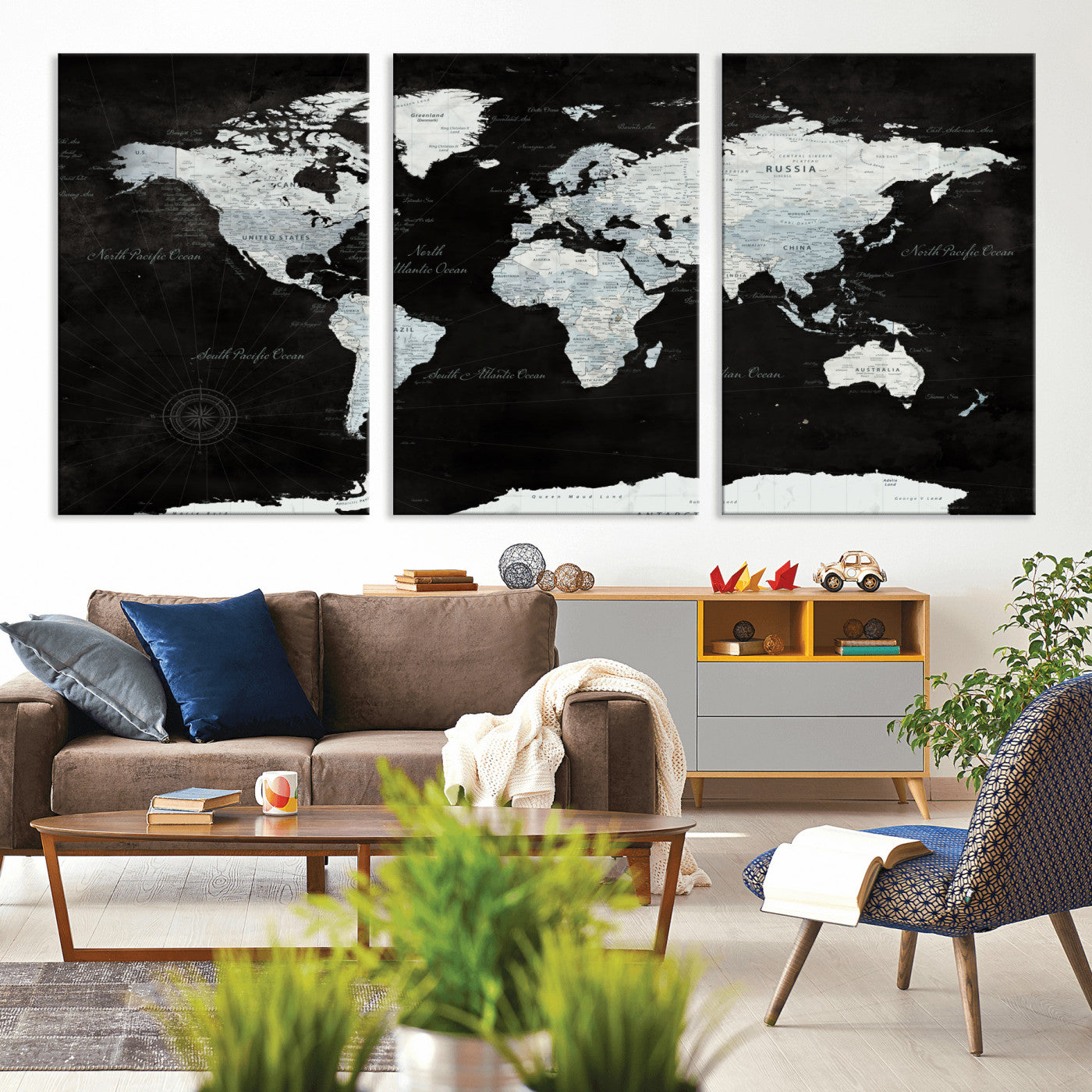 30759283-MGV-CV-60X30-3P - World Map Wall Art Canvas Print, Modern Decorative Framed Map Artwork Prints for Living Room, Office, Bedroom Wall Decor