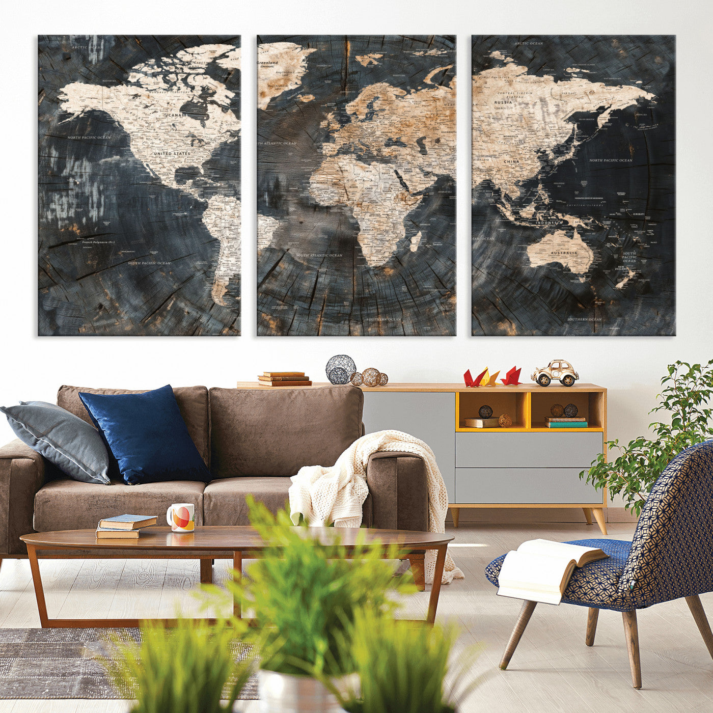 57626704-MGV-CV-60X30-3P - World Map Wall Art Canvas Print, Modern Decorative Framed Map Artwork Prints for Living Room, Office, Bedroom Wall Decor