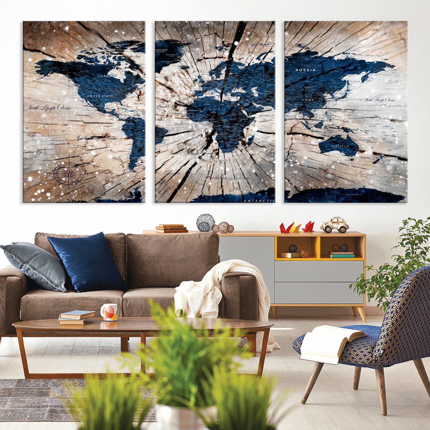 99001695-MGV-CV-60X30-3P - World Map Wall Art Canvas Print, Modern Decorative Framed Map Artwork Prints for Living Room, Office, Bedroom Wall Decor