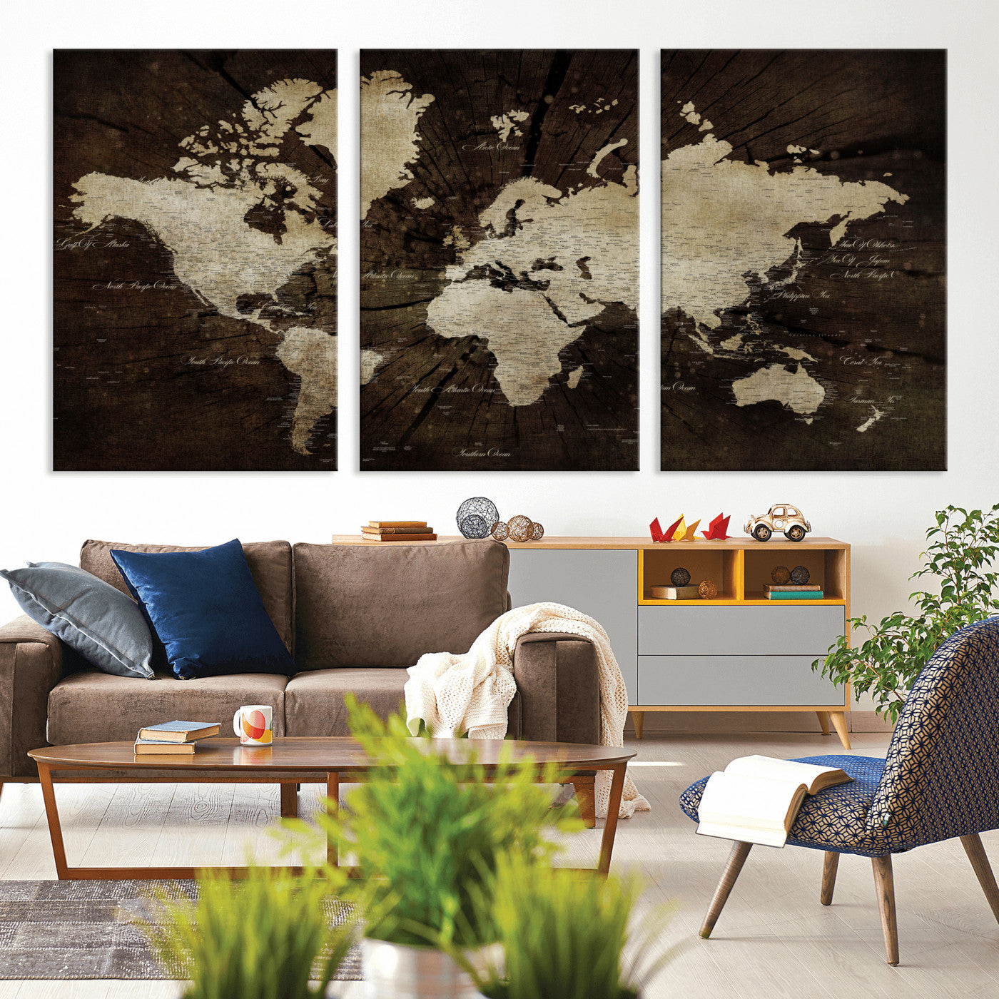 24010397-MGV-CV-60X30-3P - World Map Wall Art Canvas Print, Modern Decorative Framed Map Artwork Prints for Living Room, Office, Bedroom Wall Decor