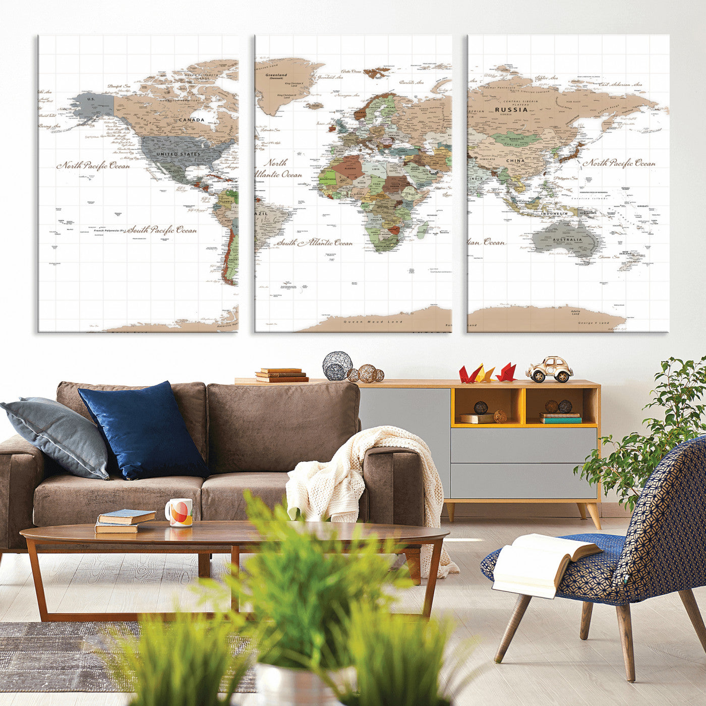 91286788-MGV-CV-36X24 - World Map Wall Art Canvas Print, Modern Decorative Framed Map Artwork Prints for Living Room, Office, Bedroom Wall Decor