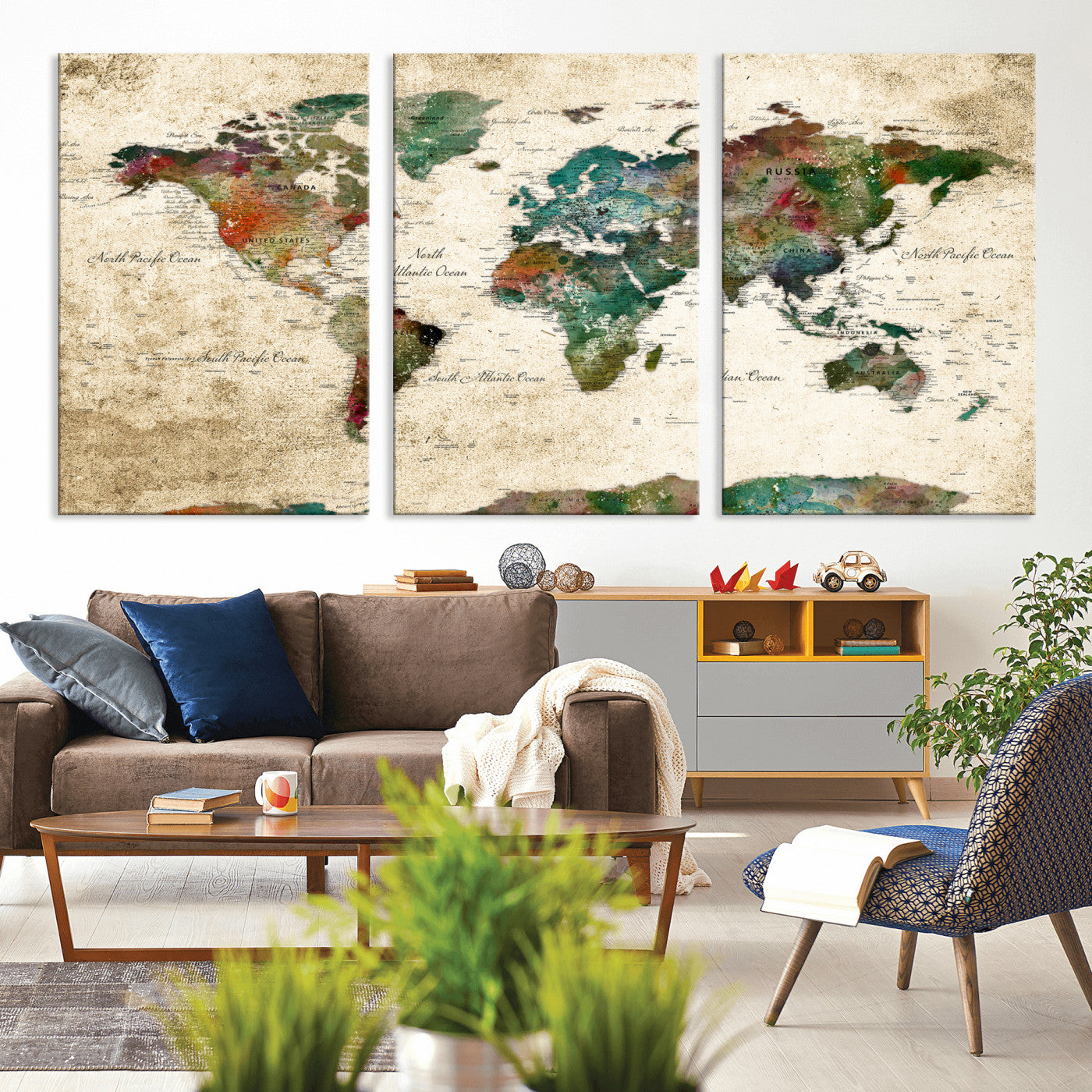 87544591-MGV-CV-36X24 - World Map Wall Art Canvas Print, Modern Decorative Framed Map Artwork Prints for Living Room, Office, Bedroom Wall Decor