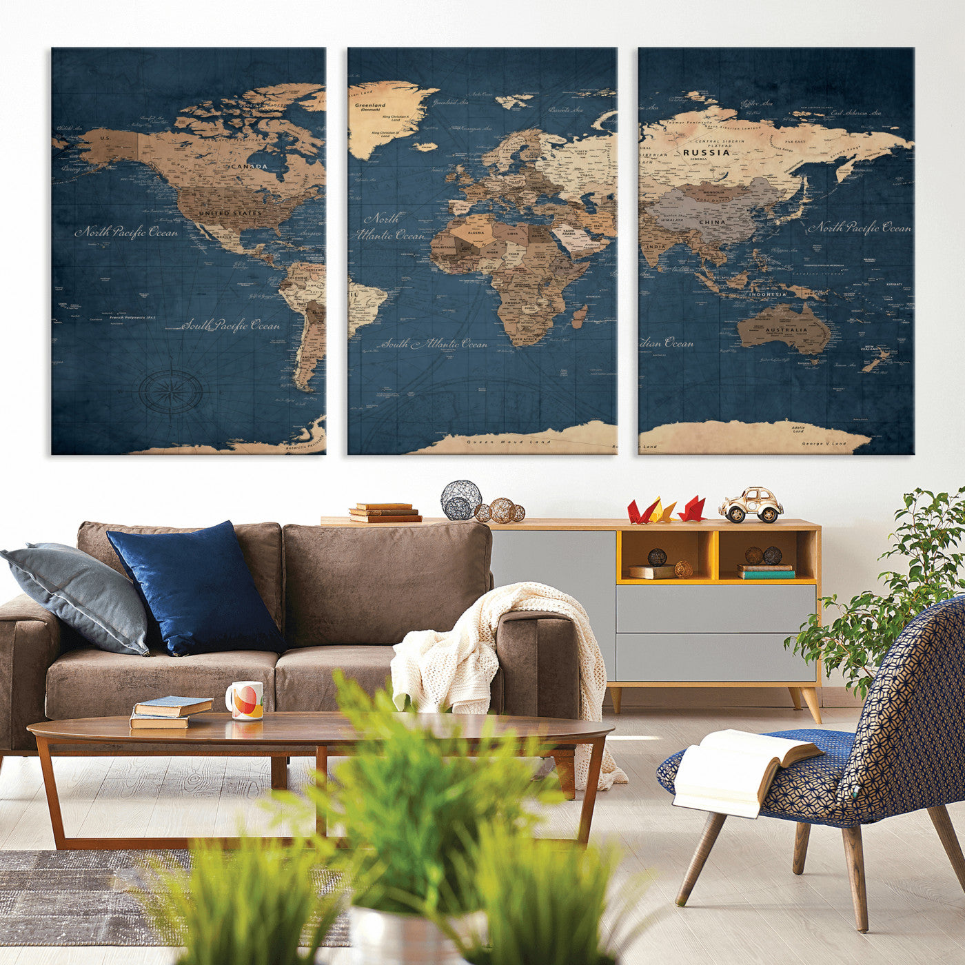 69886352-MGV-CV-36X24 - World Map Wall Art Canvas Print, Modern Decorative Framed Map Artwork Prints for Living Room, Office, Bedroom Wall Decor