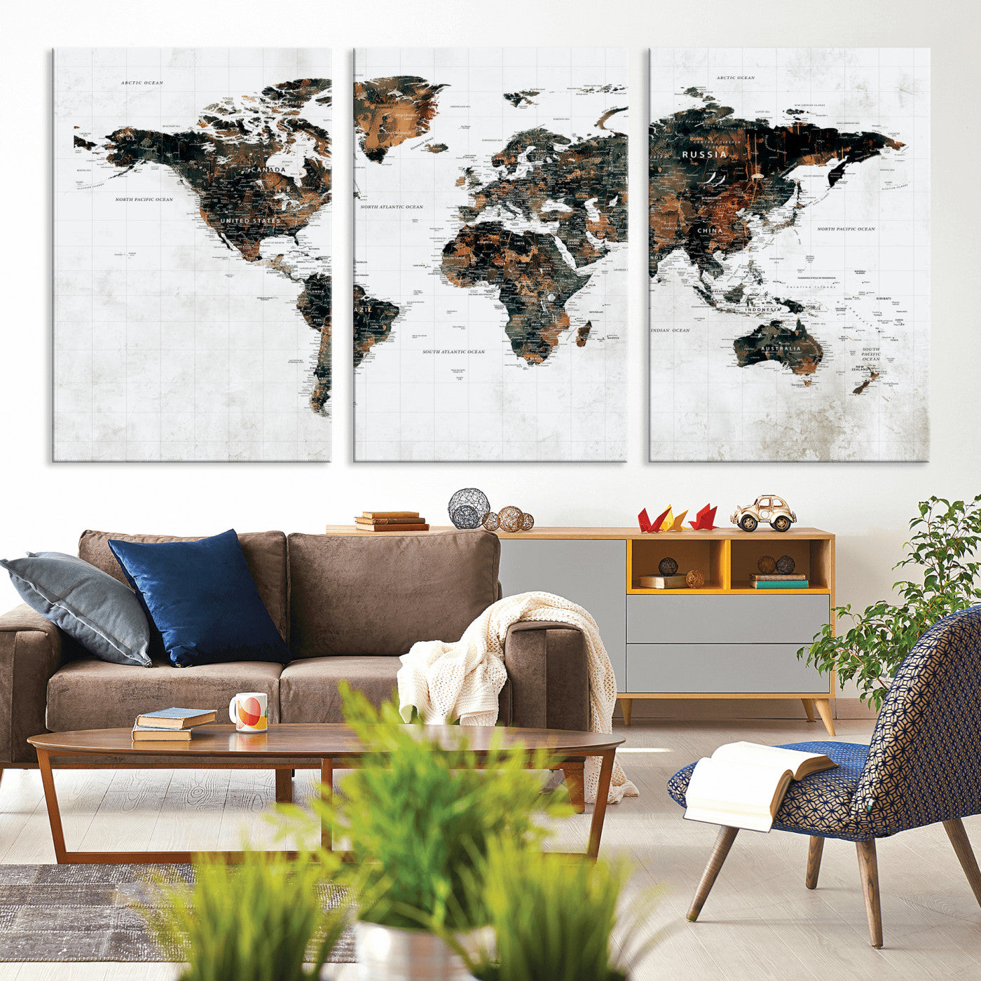 60008766-MGV-CV-36X24 - World Map Wall Art Canvas Print, Modern Decorative Framed Map Artwork Prints for Living Room, Office, Bedroom Wall Decor