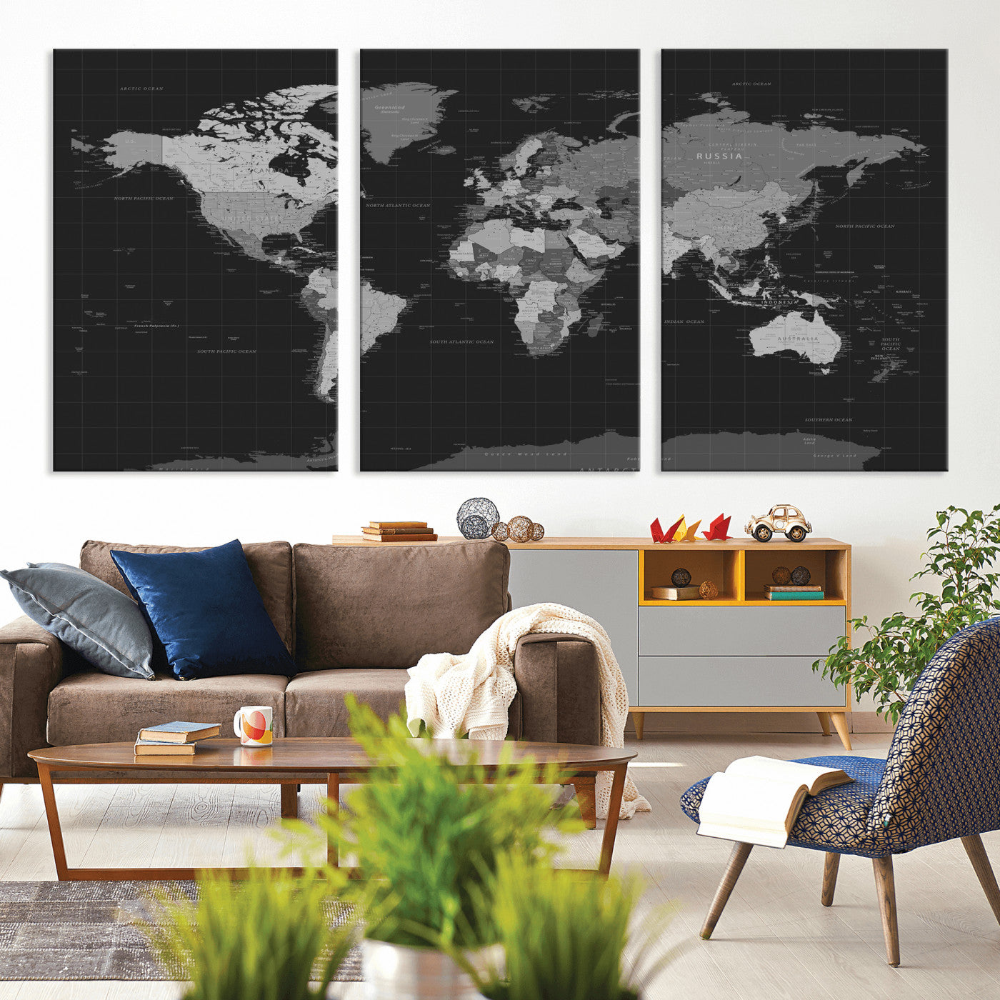 46160121-MGV-CV-36X24 - World Map Wall Art Canvas Print, Modern Decorative Framed Map Artwork Prints for Living Room, Office, Bedroom Wall Decor