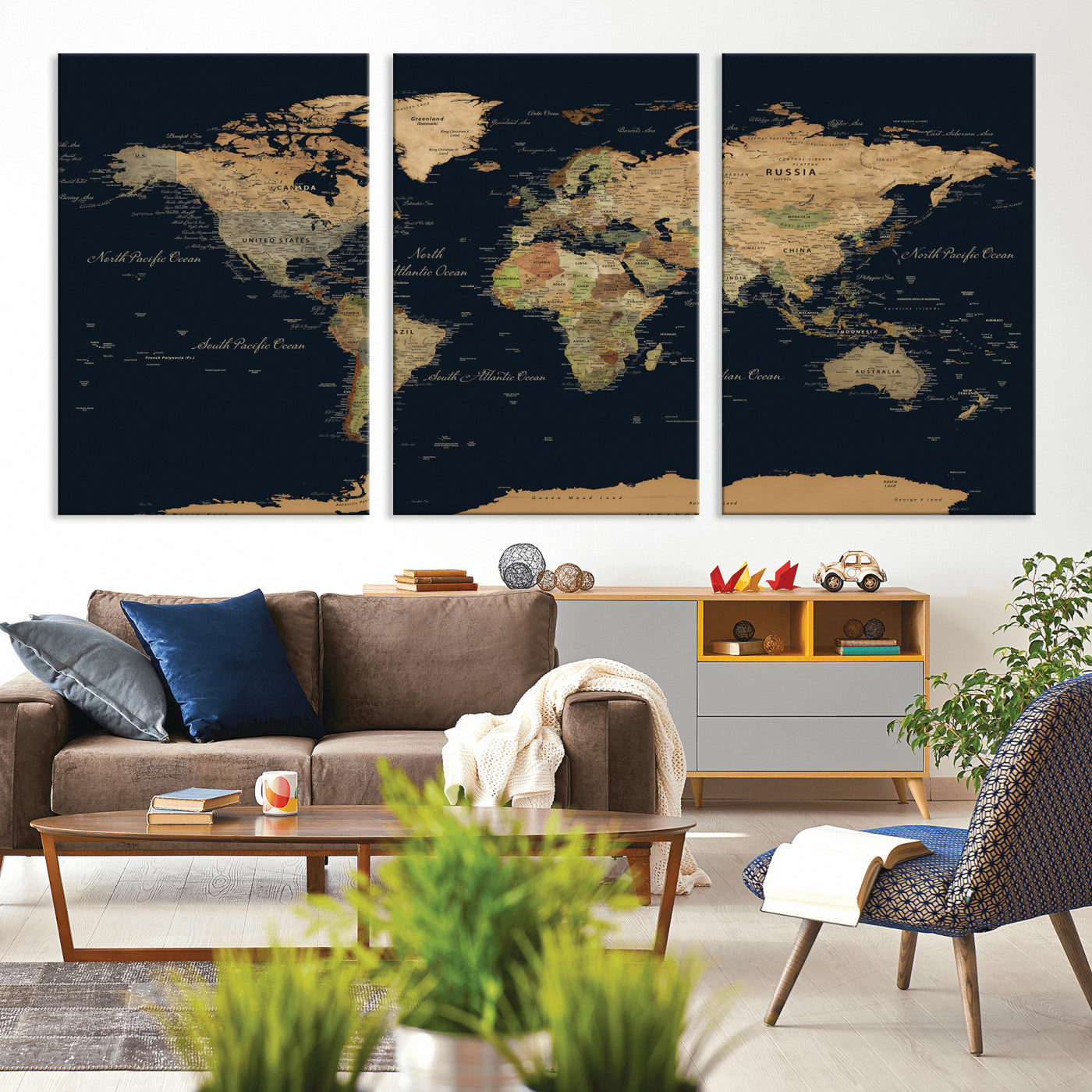 94449133-MGV-CV-36X24 - World Map Wall Art Canvas Print, Modern Decorative Framed Map Artwork Prints for Living Room, Office, Bedroom Wall Decor