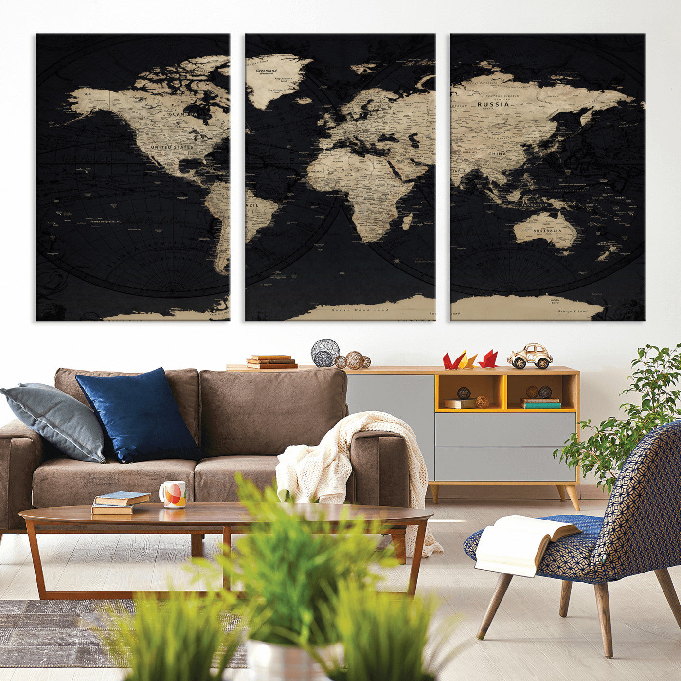 61835687-MGV-CV-36X24 - World Map Wall Art Canvas Print, Modern Decorative Framed Map Artwork Prints for Living Room, Office, Bedroom Wall Decor