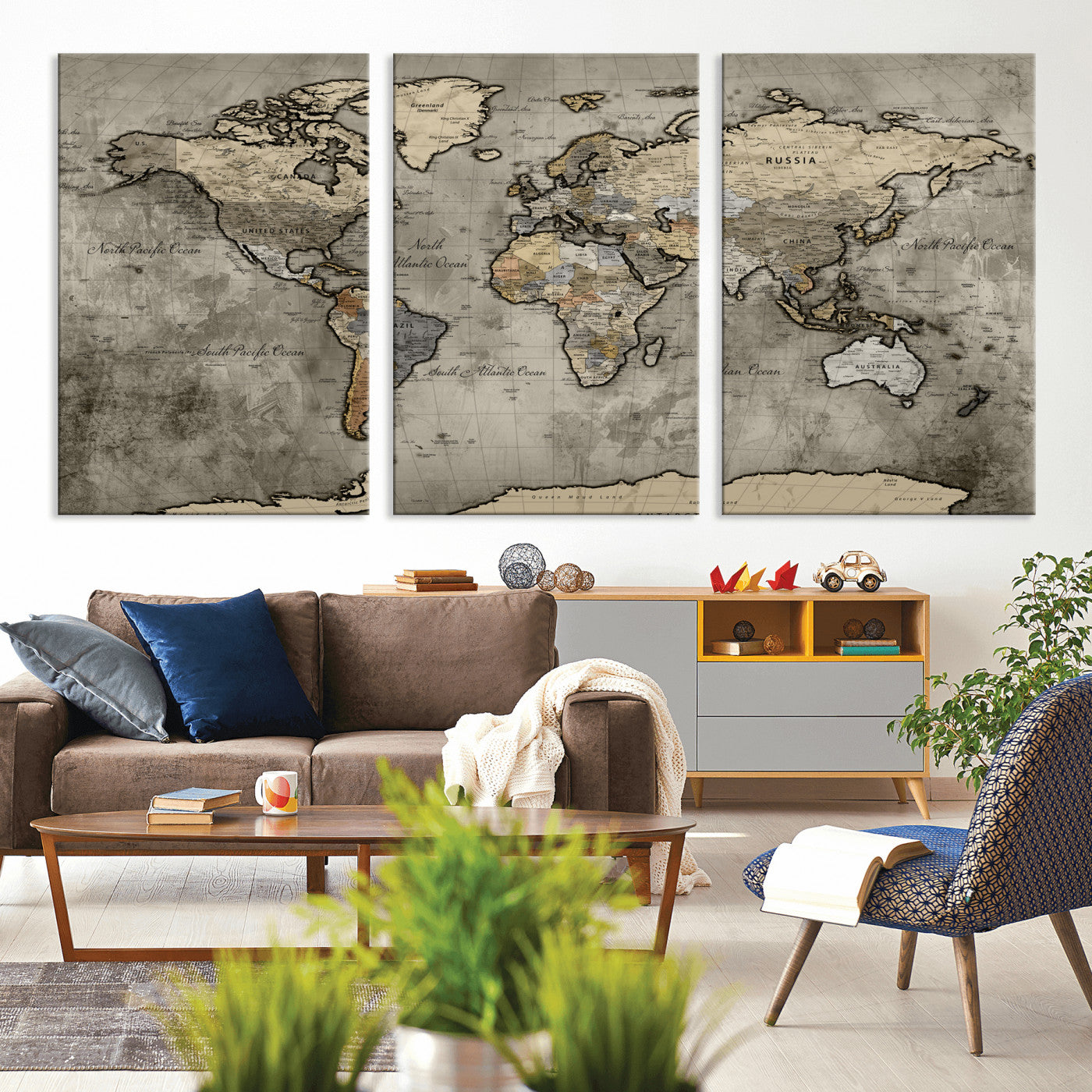 85218700-MGV-CV-36X24 - World Map Wall Art Canvas Print, Modern Decorative Framed Map Artwork Prints for Living Room, Office, Bedroom Wall Decor