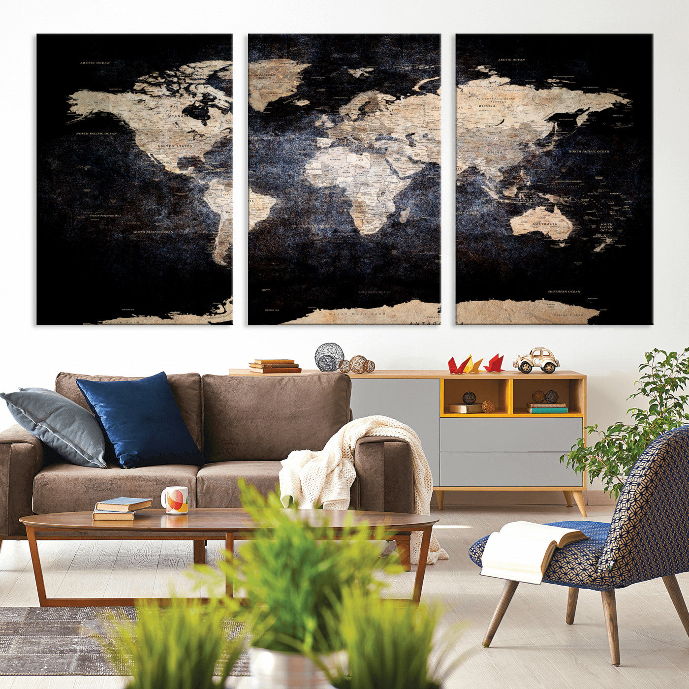 56713386-MGV-CV-36X24 - World Map Wall Art Canvas Print, Modern Decorative Framed Map Artwork Prints for Living Room, Office, Bedroom Wall Decor
