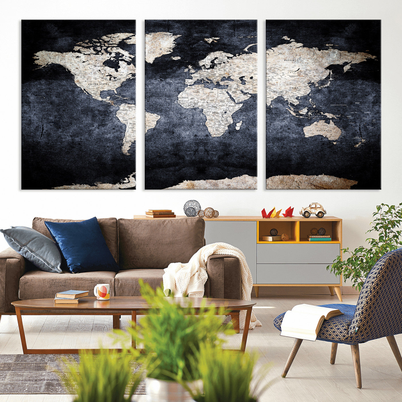 41193404-MGV-CV-36X24 - World Map Wall Art Canvas Print, Modern Decorative Framed Map Artwork Prints for Living Room, Office, Bedroom Wall Decor